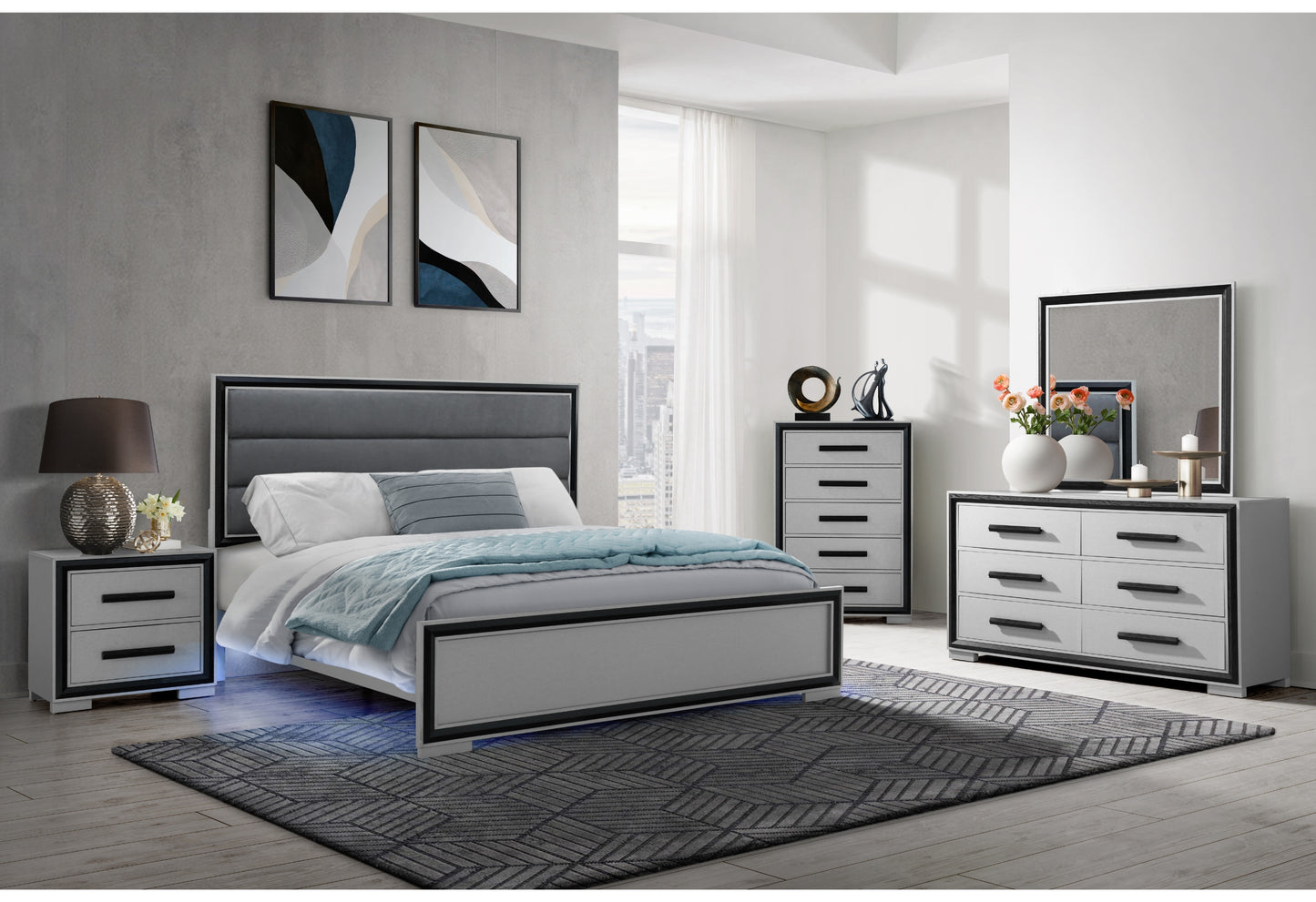 Grey upholstered modern bed frame with LED lighting and coordinating nightstand