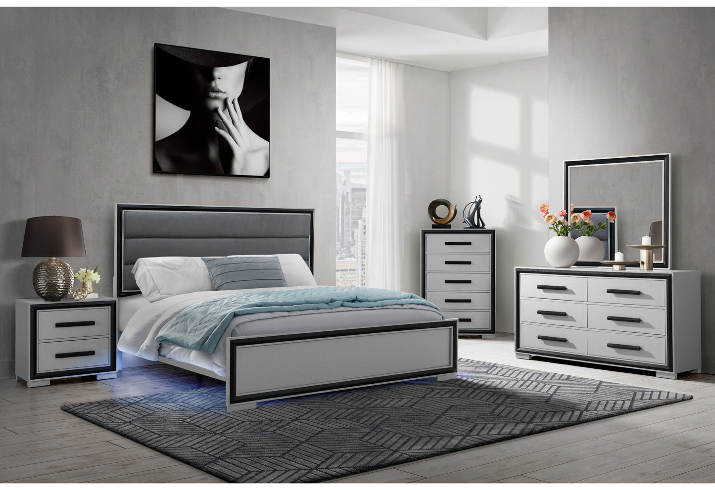 Modern grey upholstered queen bed with black trim and LED lights