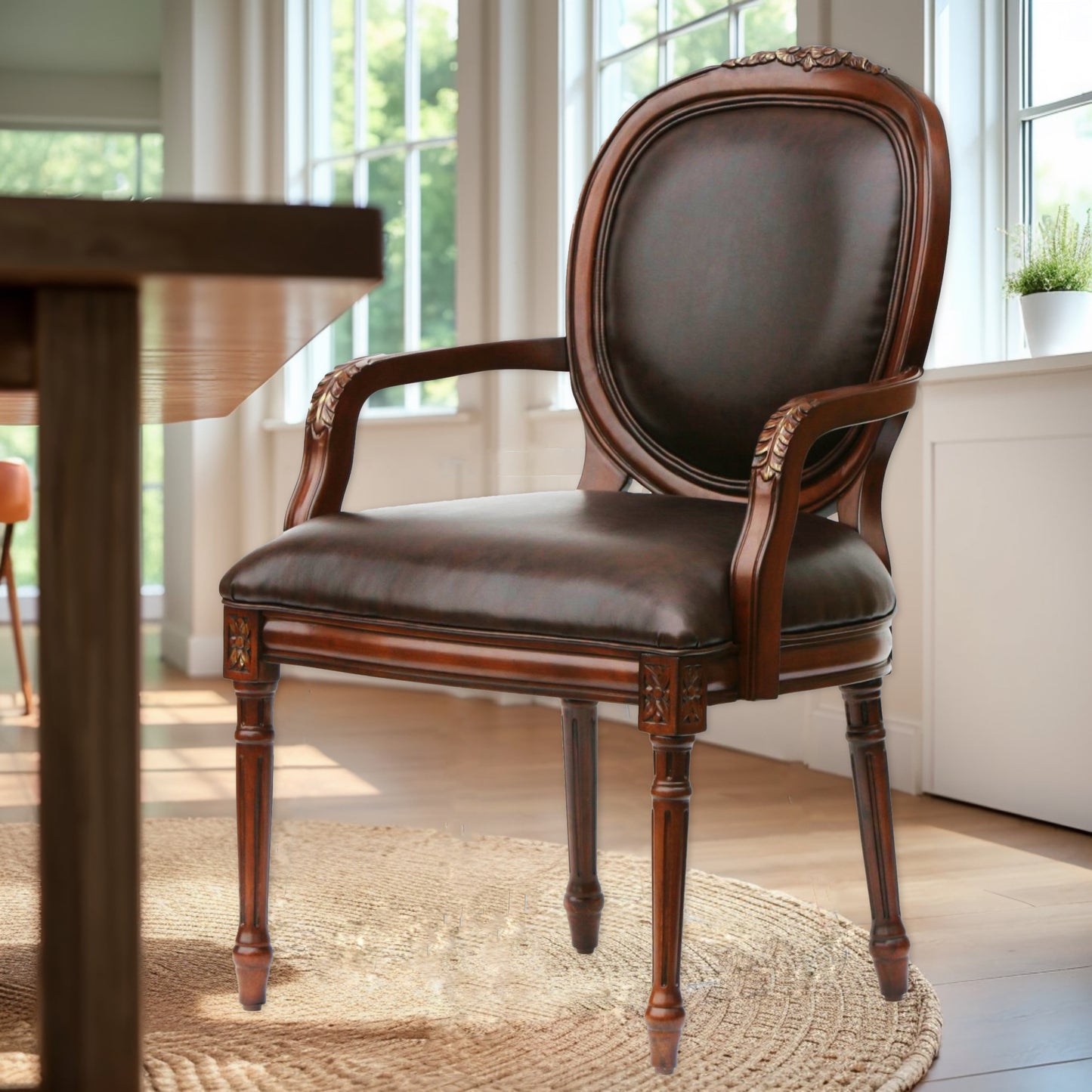 Dark brown leather armchair with carved wooden legs and frame elegant dining chair style