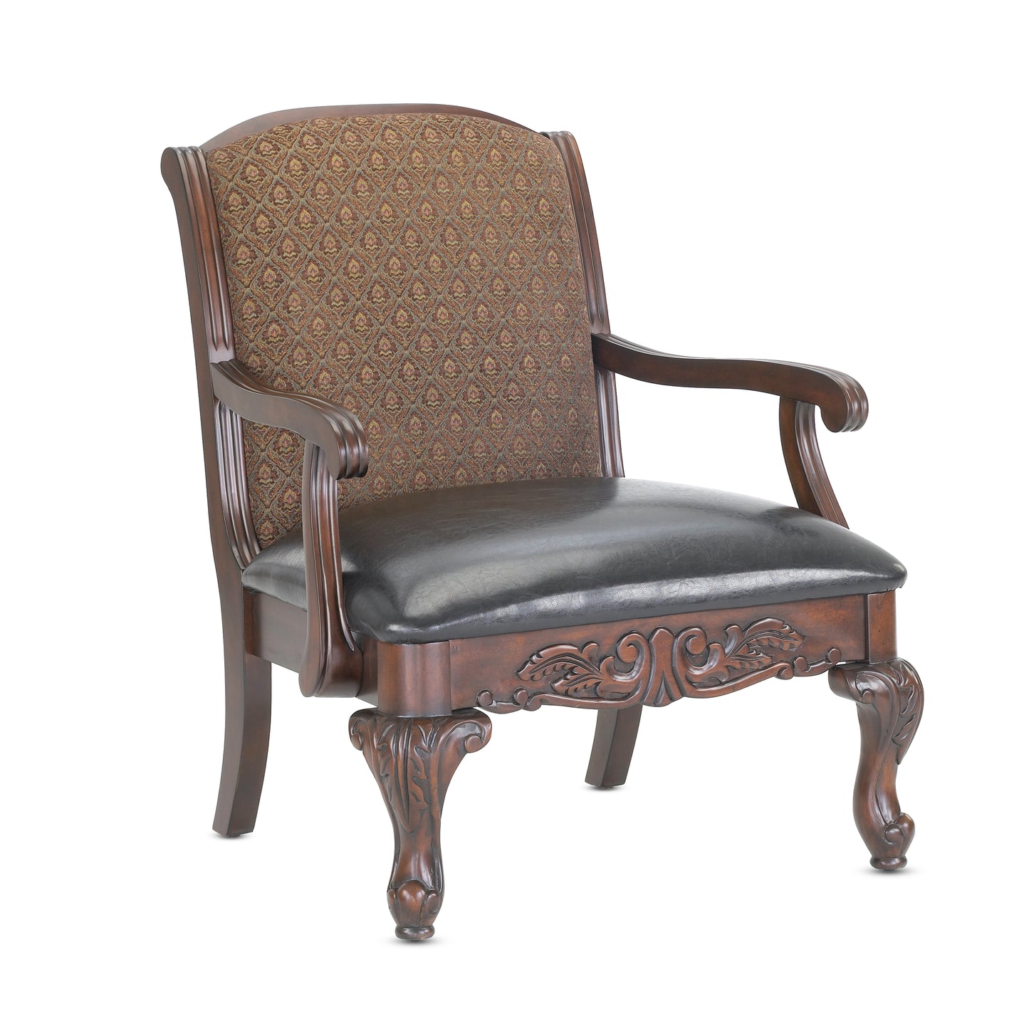 Ornate wooden armchair with dark leather seat and patterned fabric back