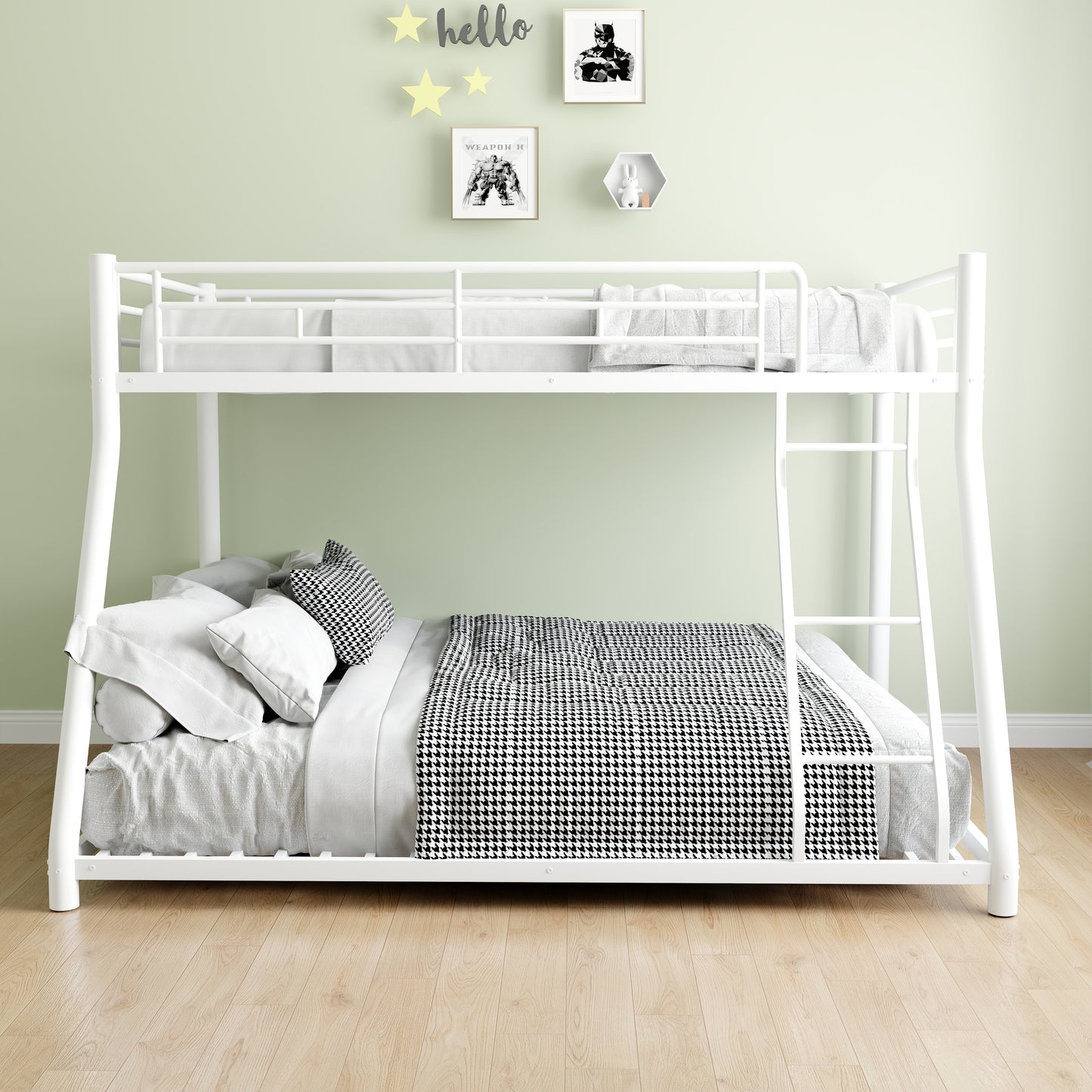 White metal bunk bed with ladder and houndstooth bedding