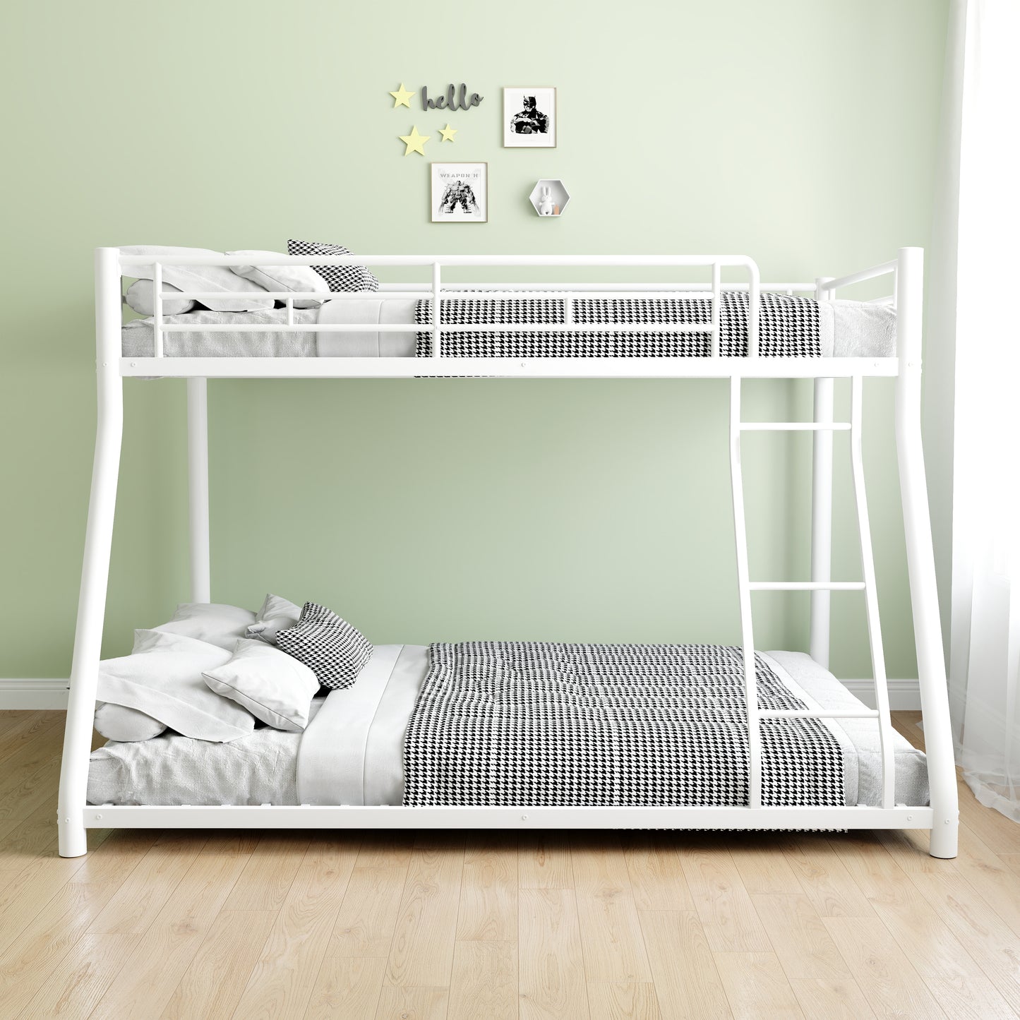 White metal bunk bed with houndstooth bedding