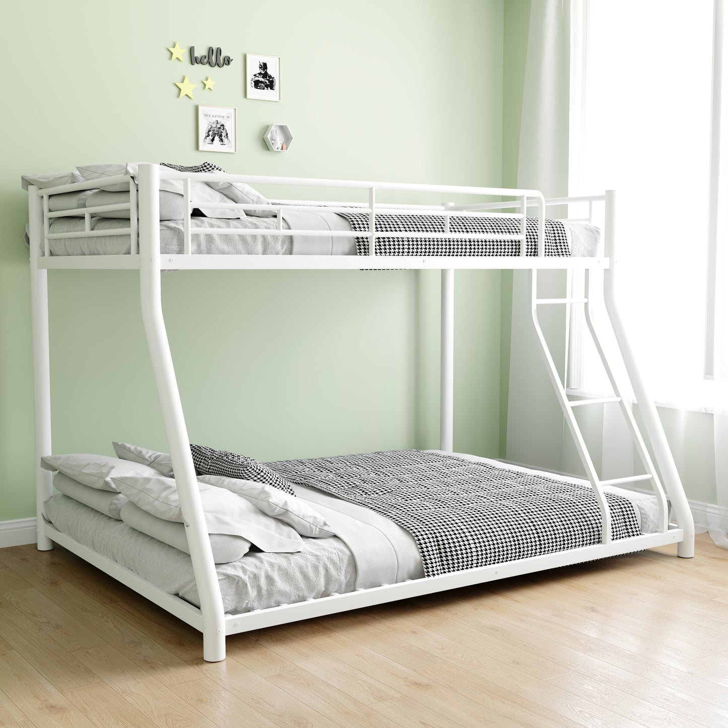 White metal twin over full bunk bed with houndstooth bedding
