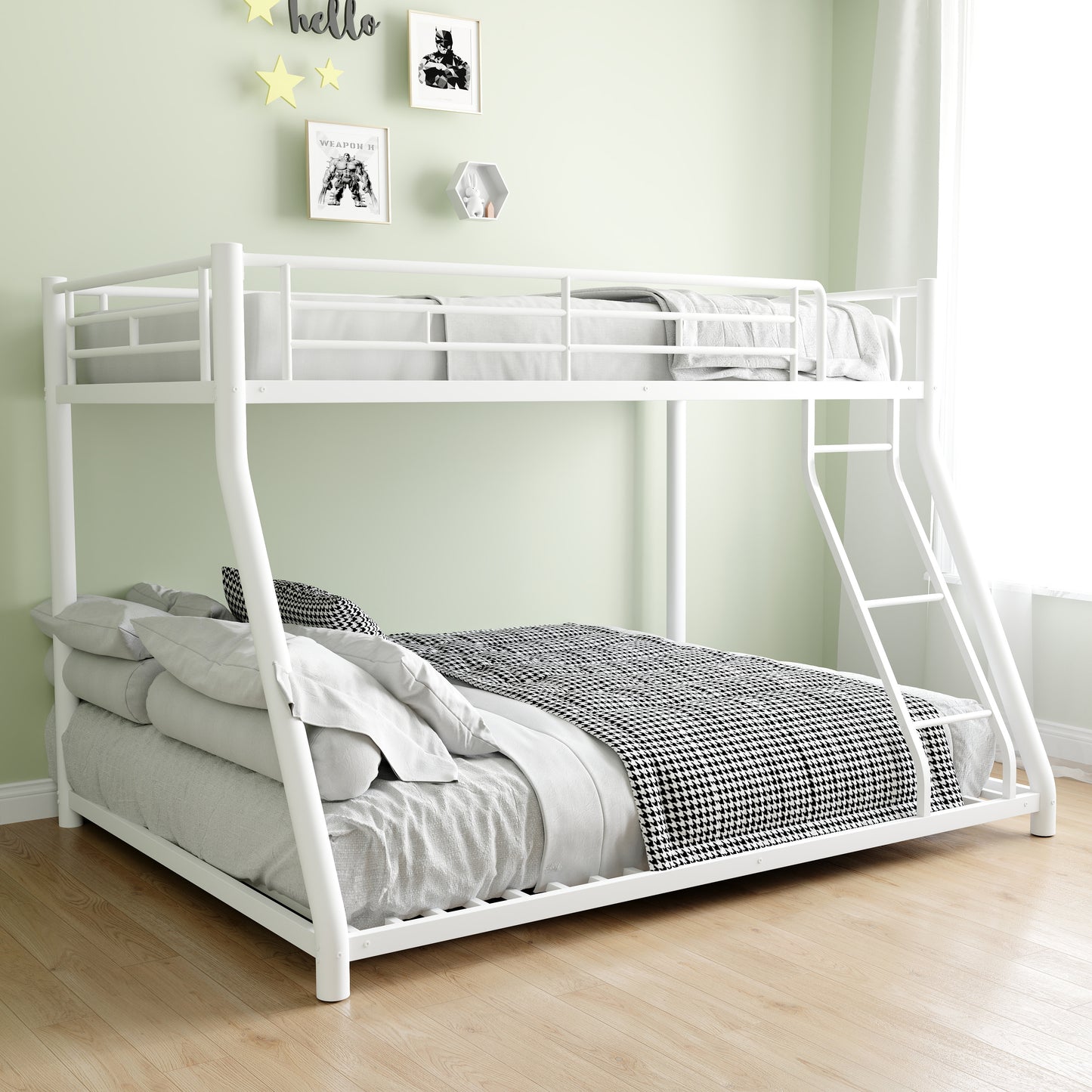 White metal bunk bed with ladder and houndstooth bedding