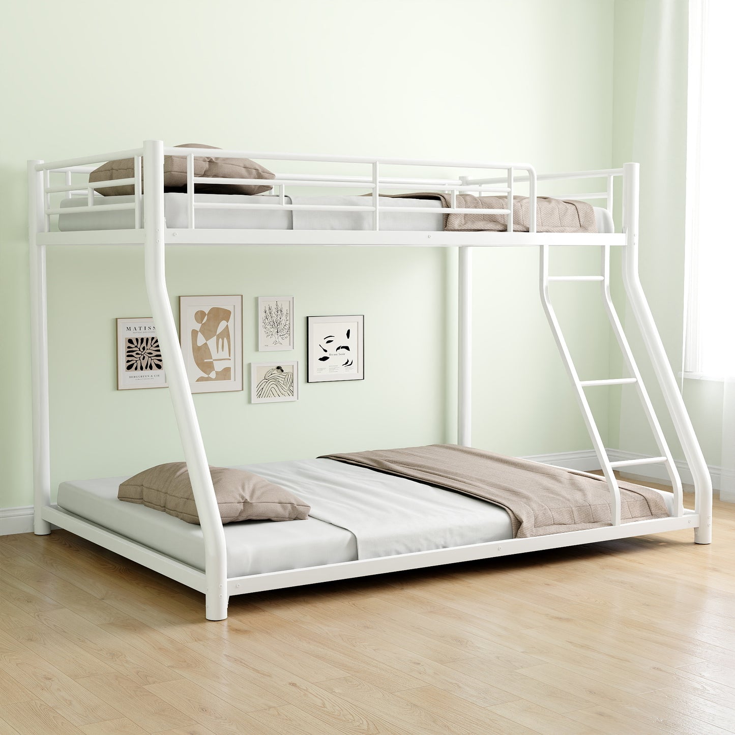White metal bunk bed with ladder and mattresses