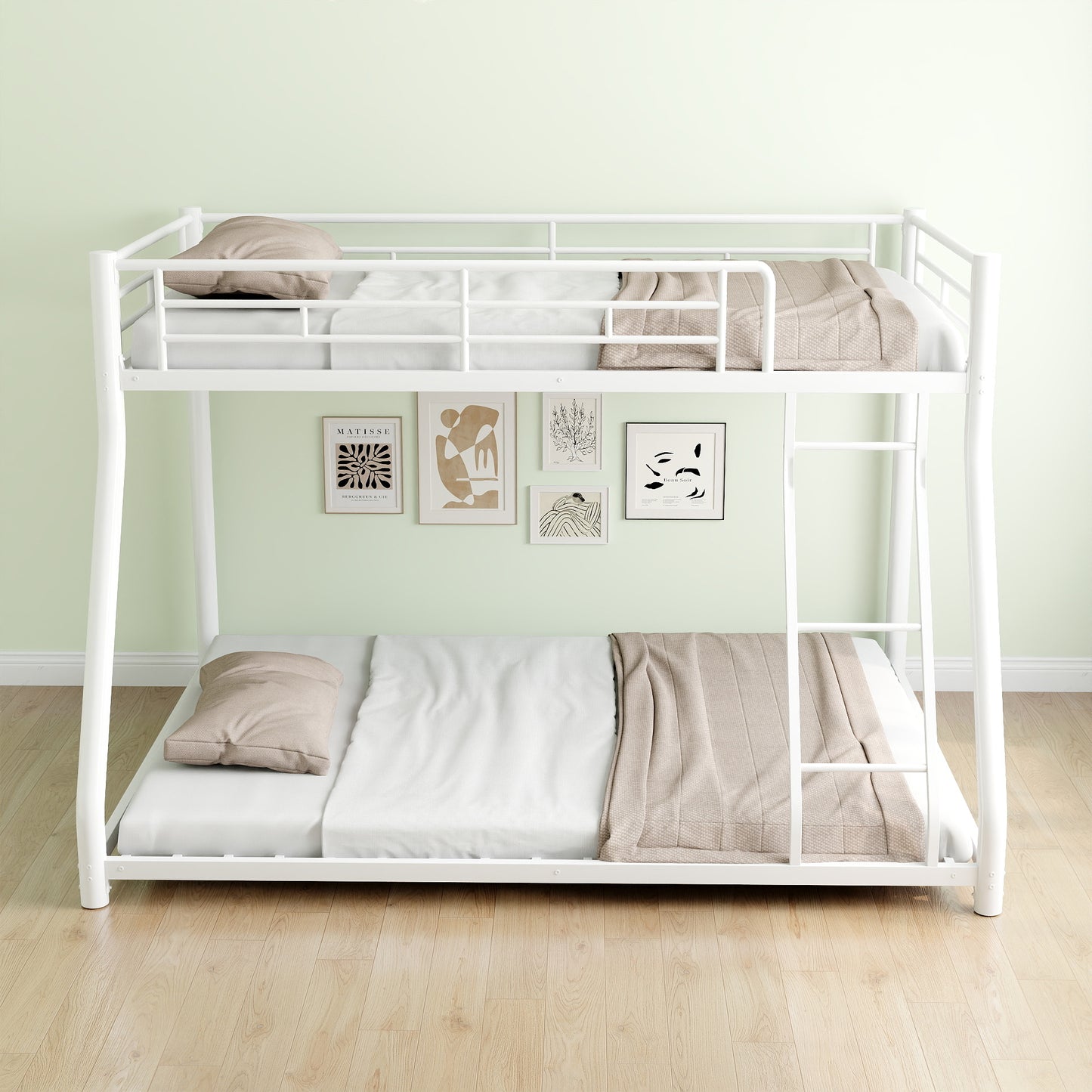 White metal twin over twin bunk bed with ladder and bedding