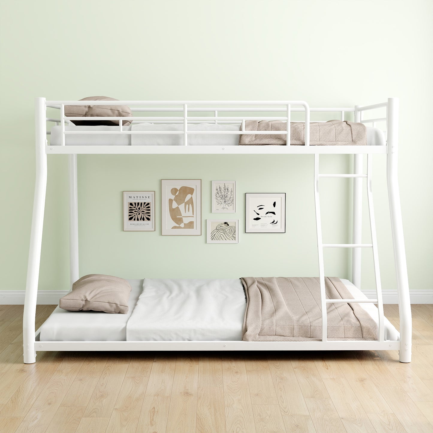 White metal twin over twin bunk bed with ladders and bedding