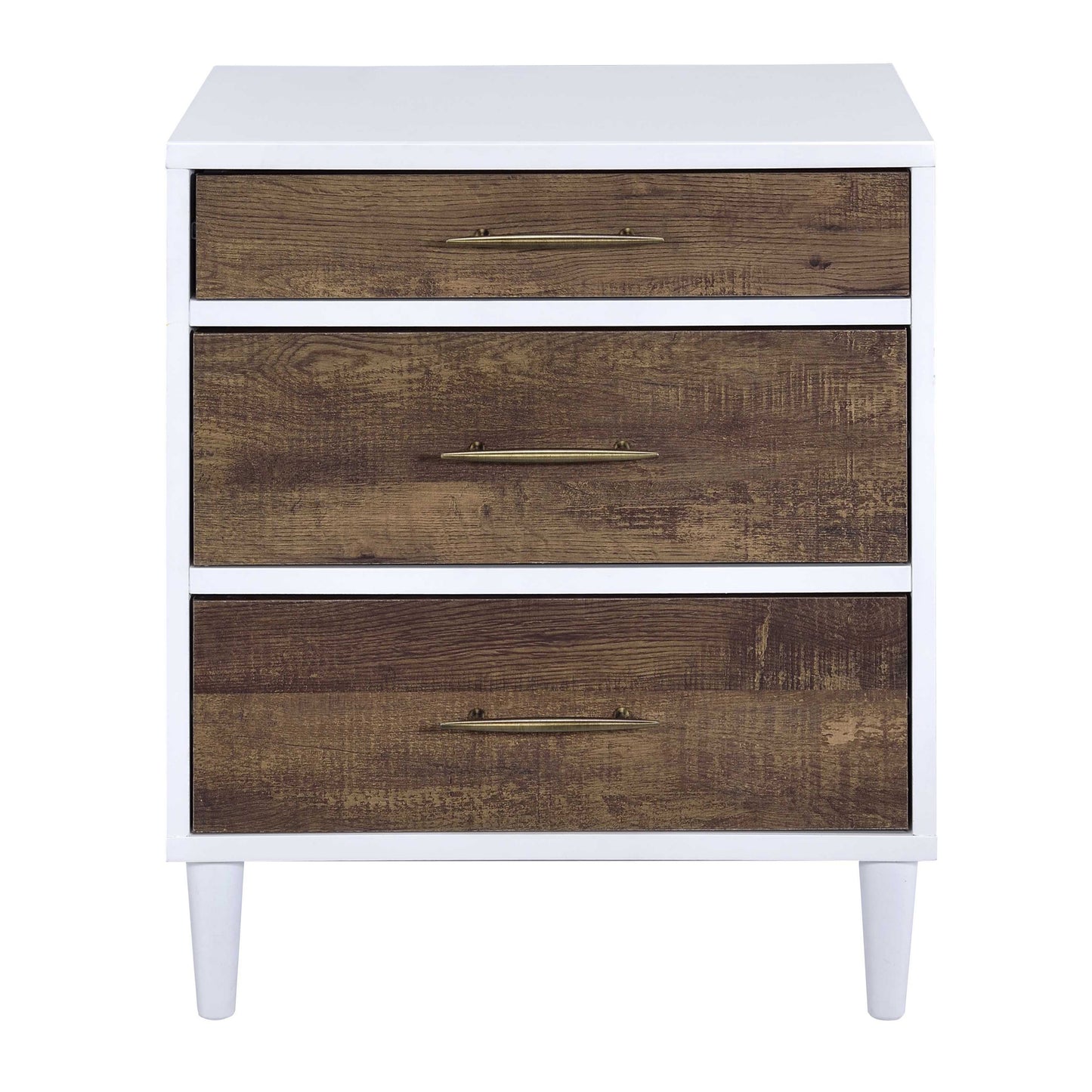 White and wood grain threedrawer nightstand with brass handles