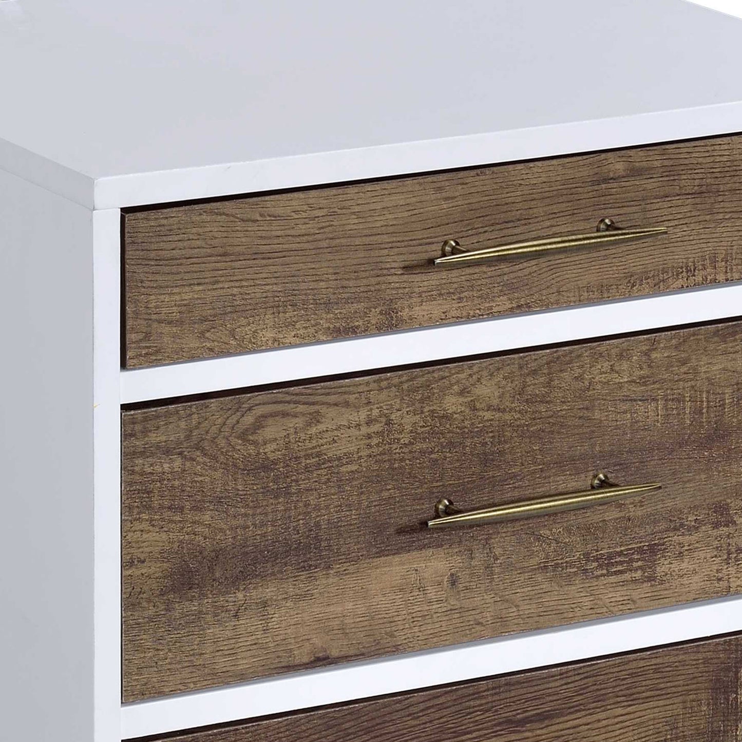 White dresser with distressed wood drawers and brass hardware
