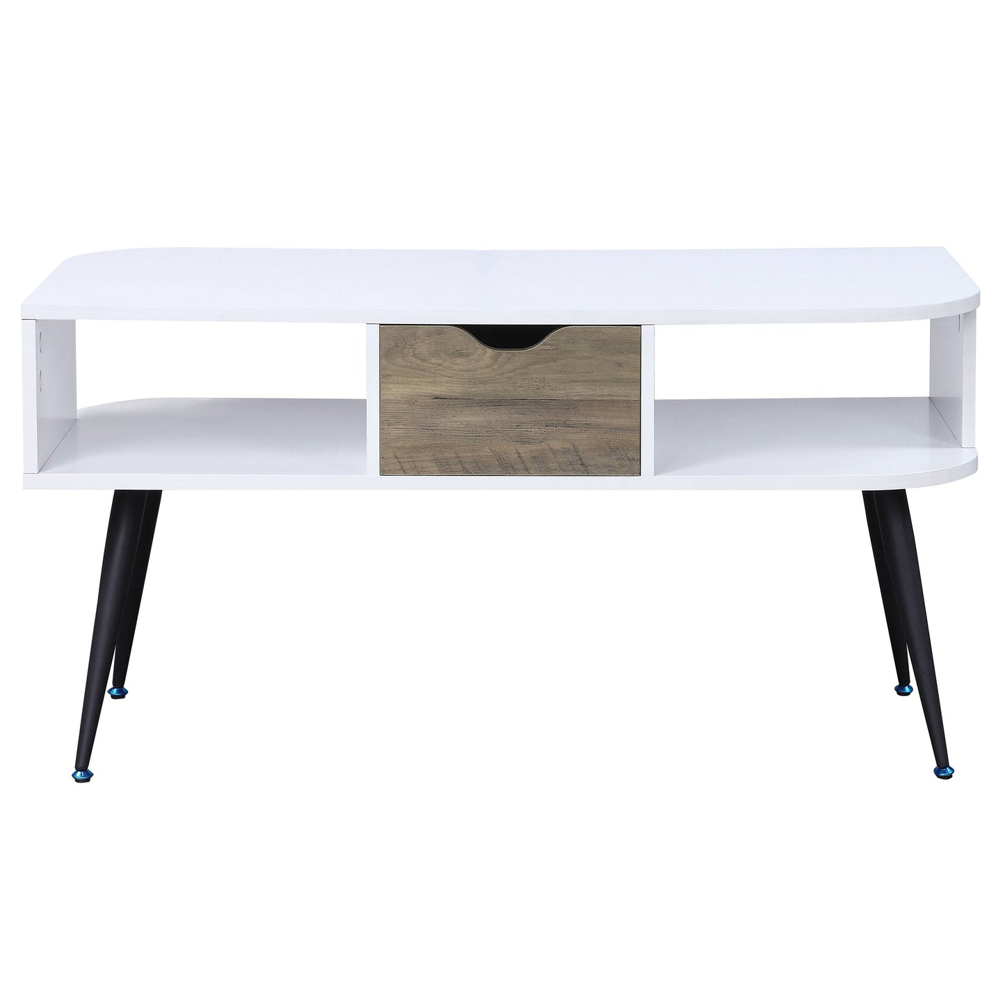 Modern white coffee table with one wood grain drawer and black tapered legs