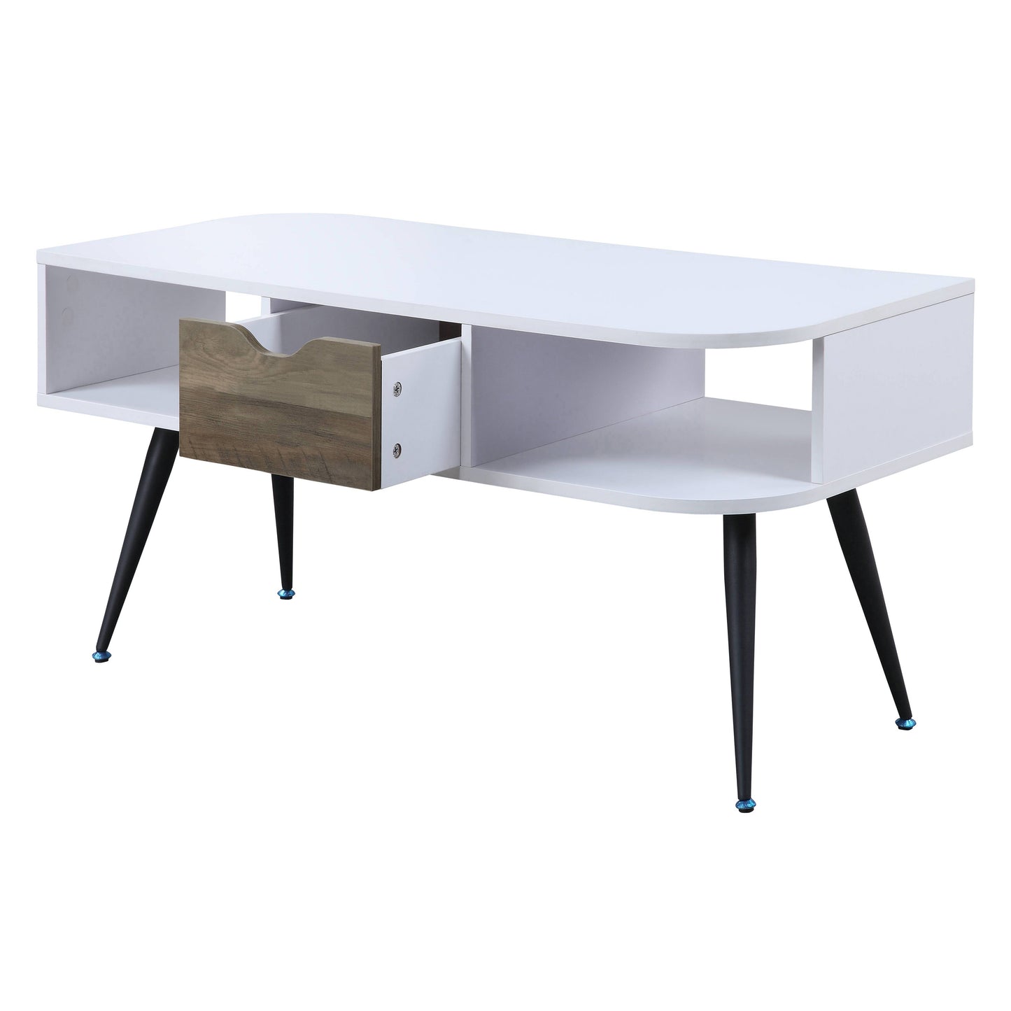 Modern white coffee table with wood drawer and tapered black legs