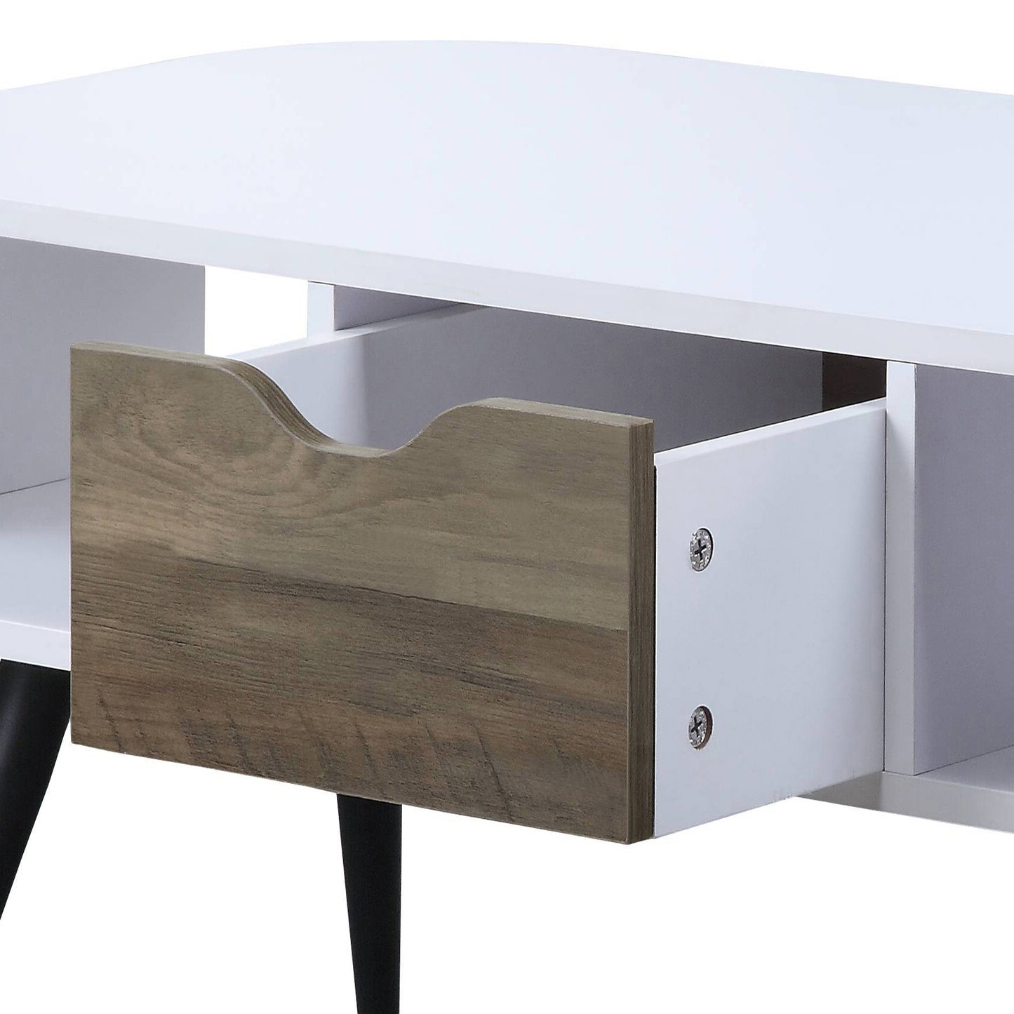 White coffee table with natural wood drawer and black tapered legs