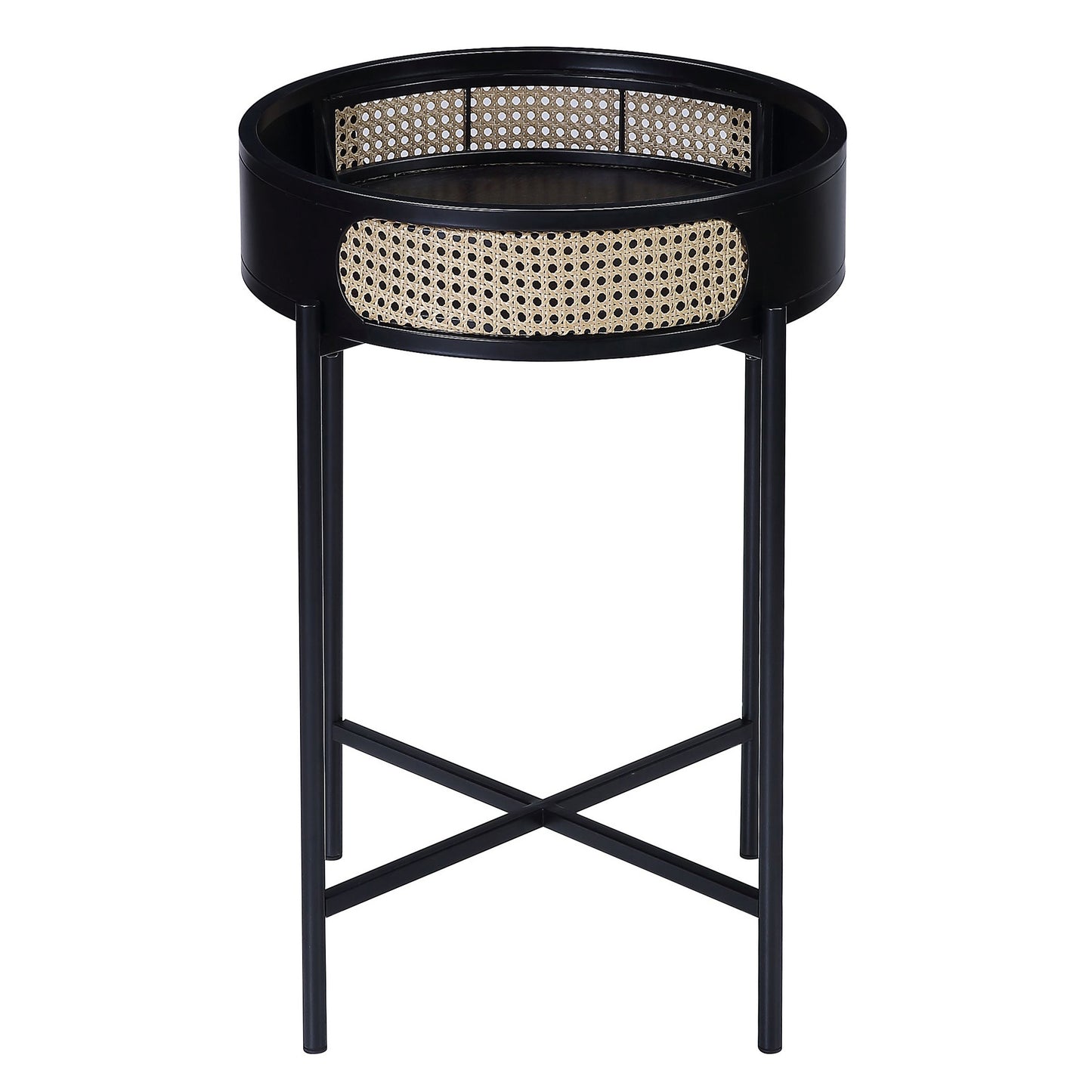 Black round accent table with woven cane details and Xshaped base