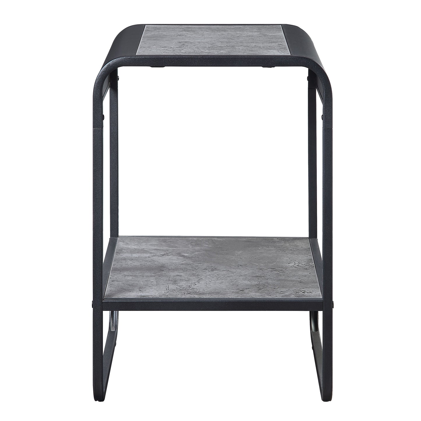 Twotier industrial side table with dark grey faux concrete tops and black metal frame