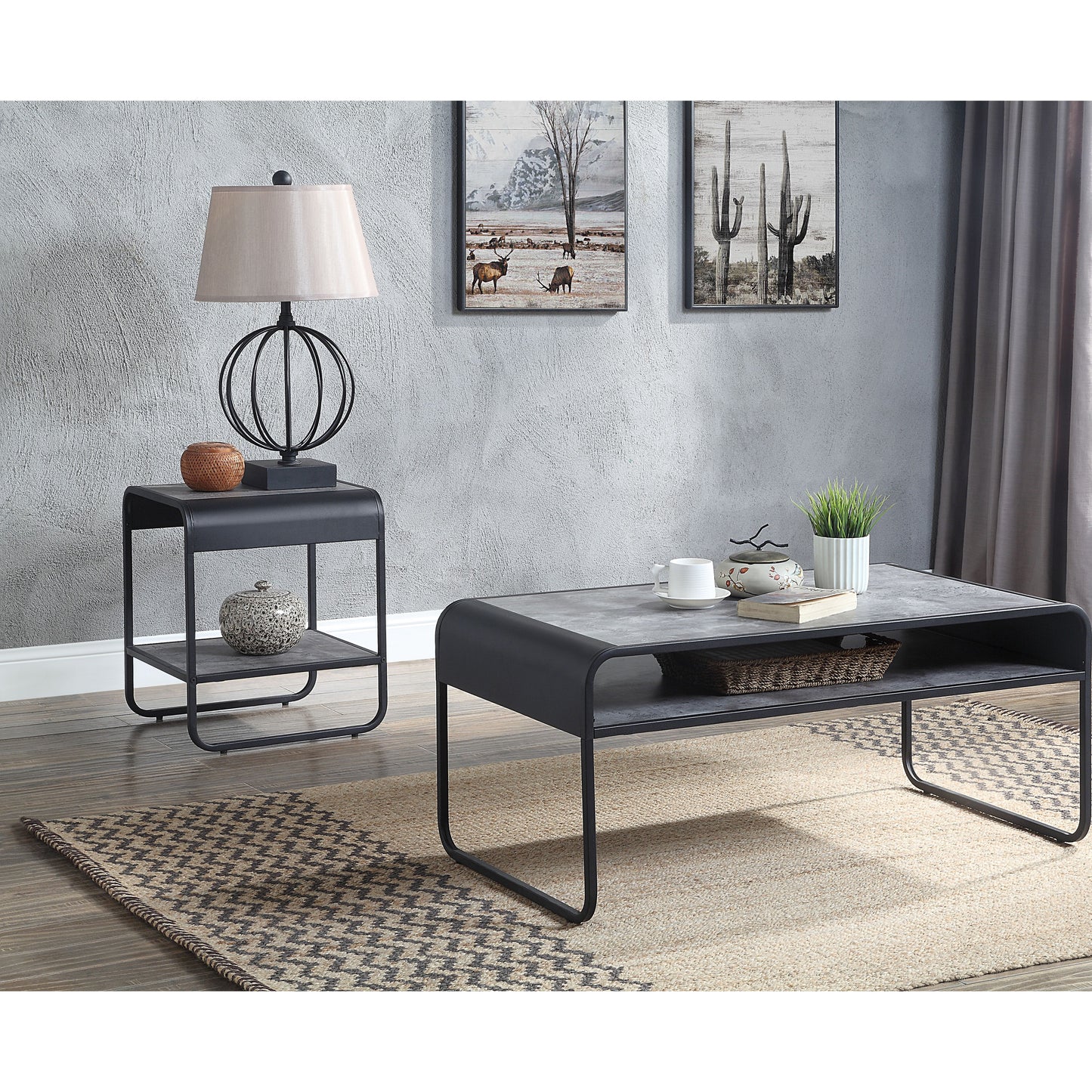 Modern gray and black coffee table with natural woven basket for living room