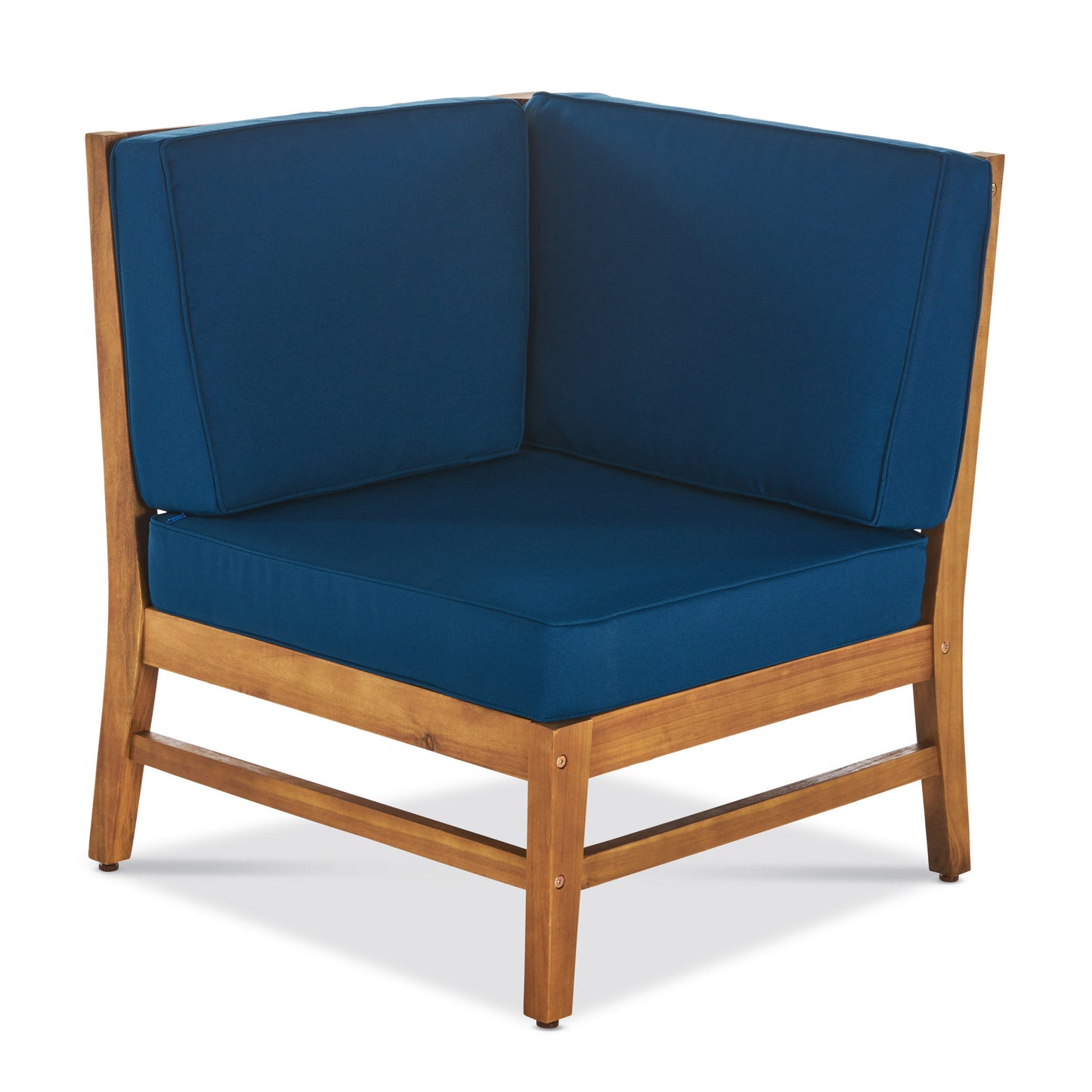 Corner sectional outdoor chair with navy blue cushions and a natural wood frame