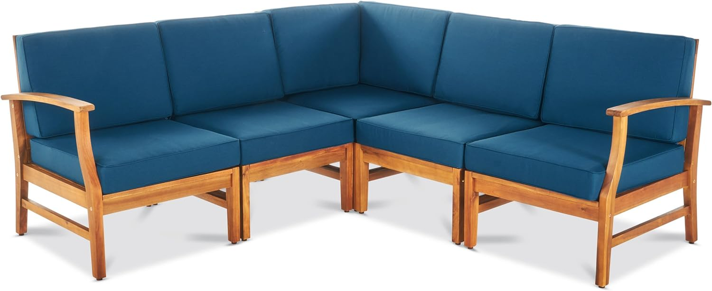 Teal blue outdoor sectional sofa with natural wood frame and cushioned seats