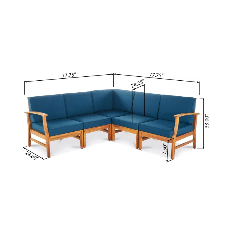 Teak wood sectional outdoor sofa with deep teal cushions and modern design