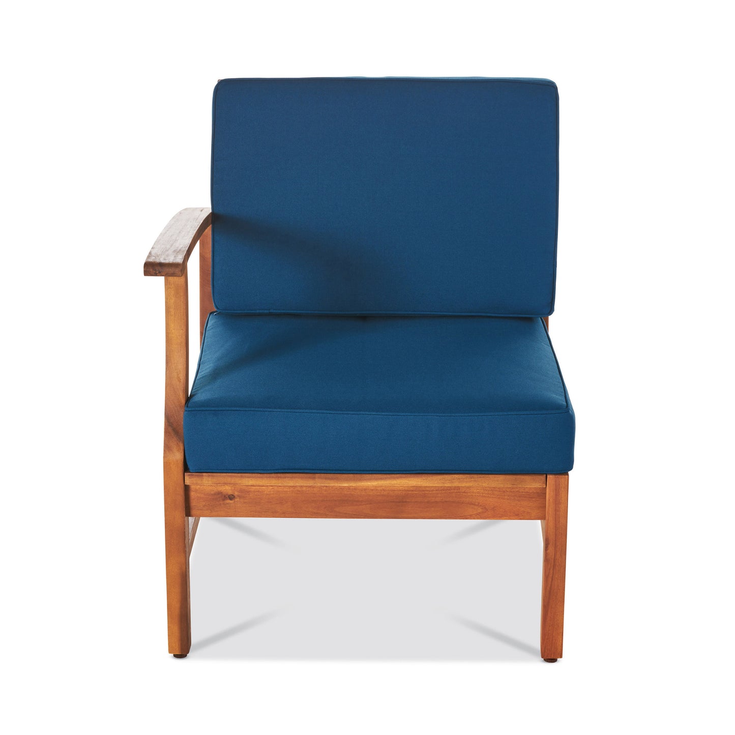 Dark blue cushioned wooden outdoor chair with armrest