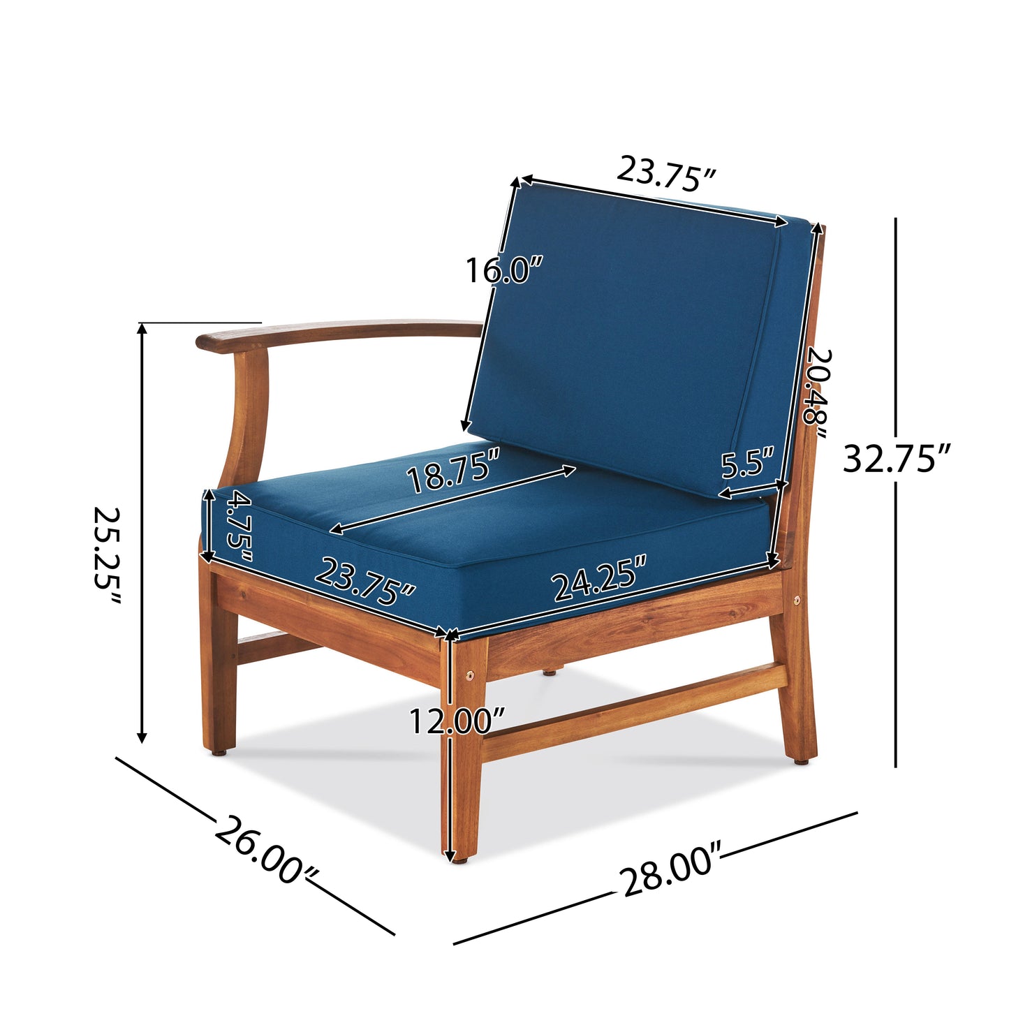 Wooden accent chair with plush navy blue cushions and curved armrests