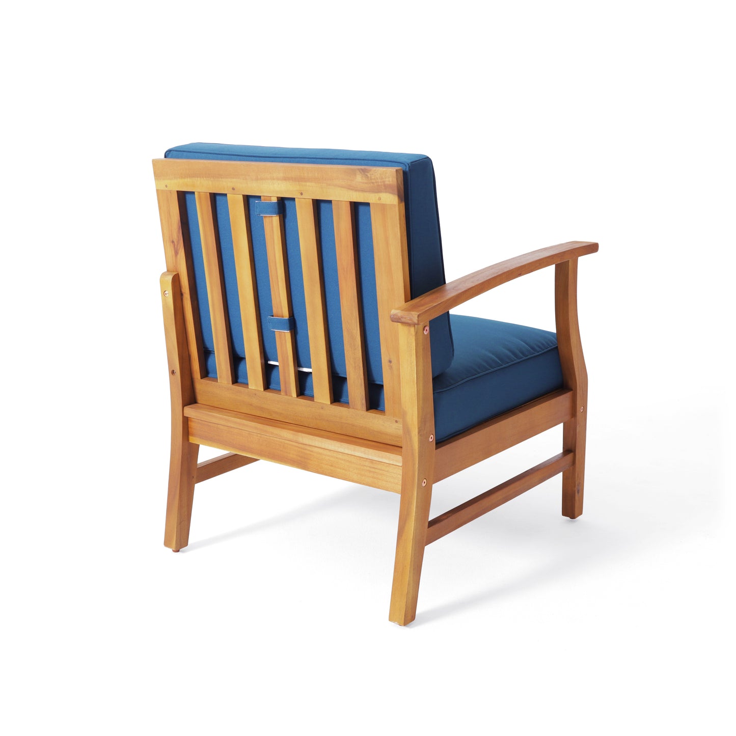 Wooden armchair with blue cushion and slatted back ideal for patio furniture