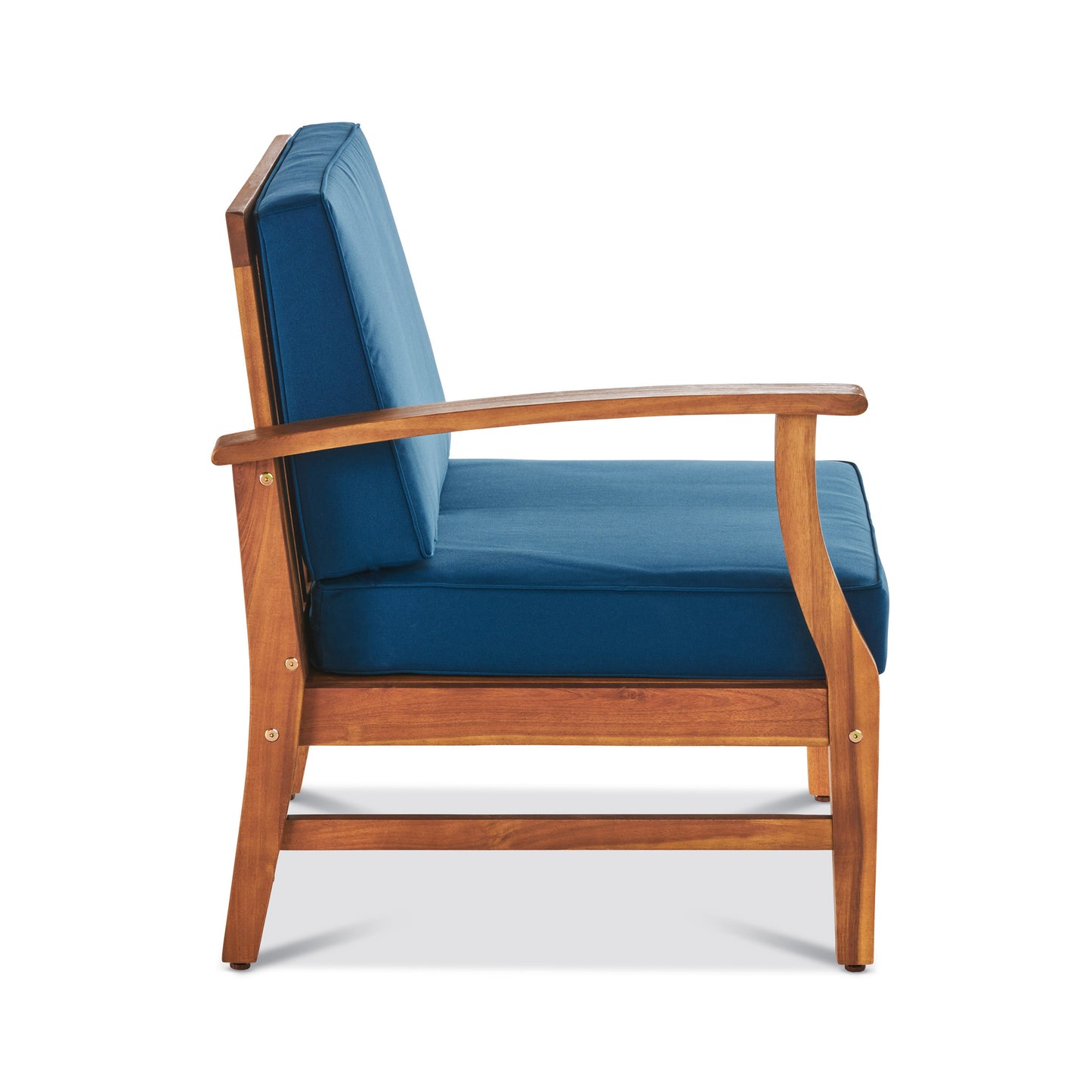 Modern wood armchair with comfortable navy blue cushions and sleek armrests