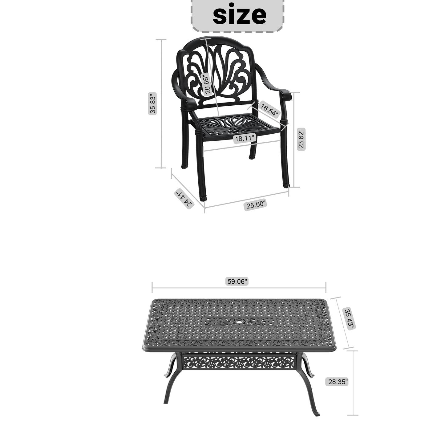 Ornate black cast aluminum patio chair with detailed scrollwork and comfortable armrests measuring inches tall
