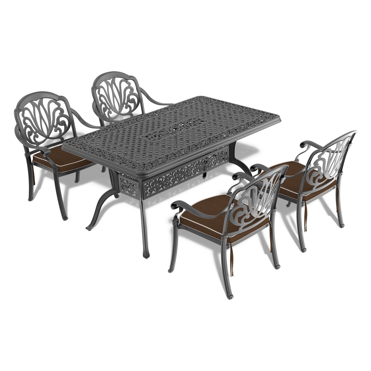 Ornate grey cast aluminum dining set with four chairs and table
