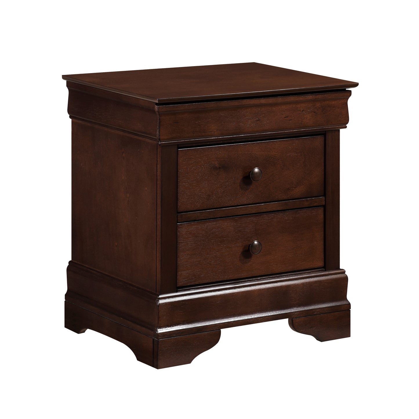 Dark brown wooden nightstand with two drawers and round knobs