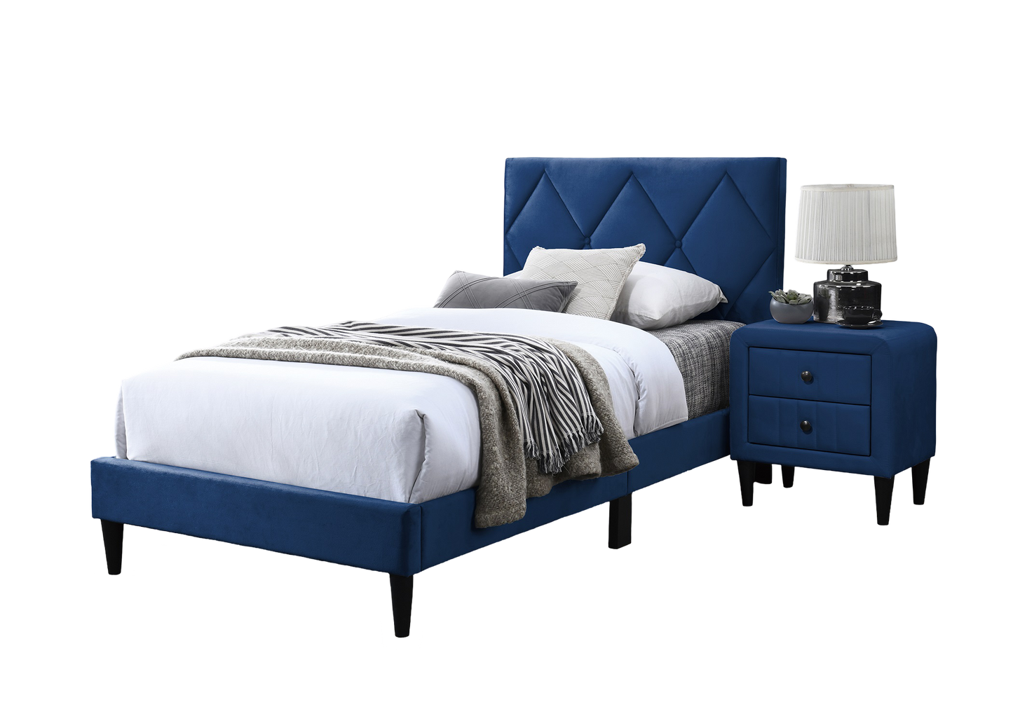 Deep blue velvet upholstered bed frame with diamond tufting