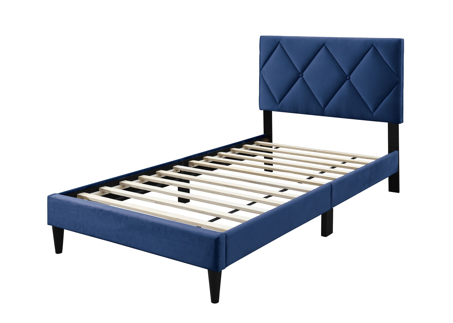 Blue upholstered twin bed frame with diamond tufted headboard