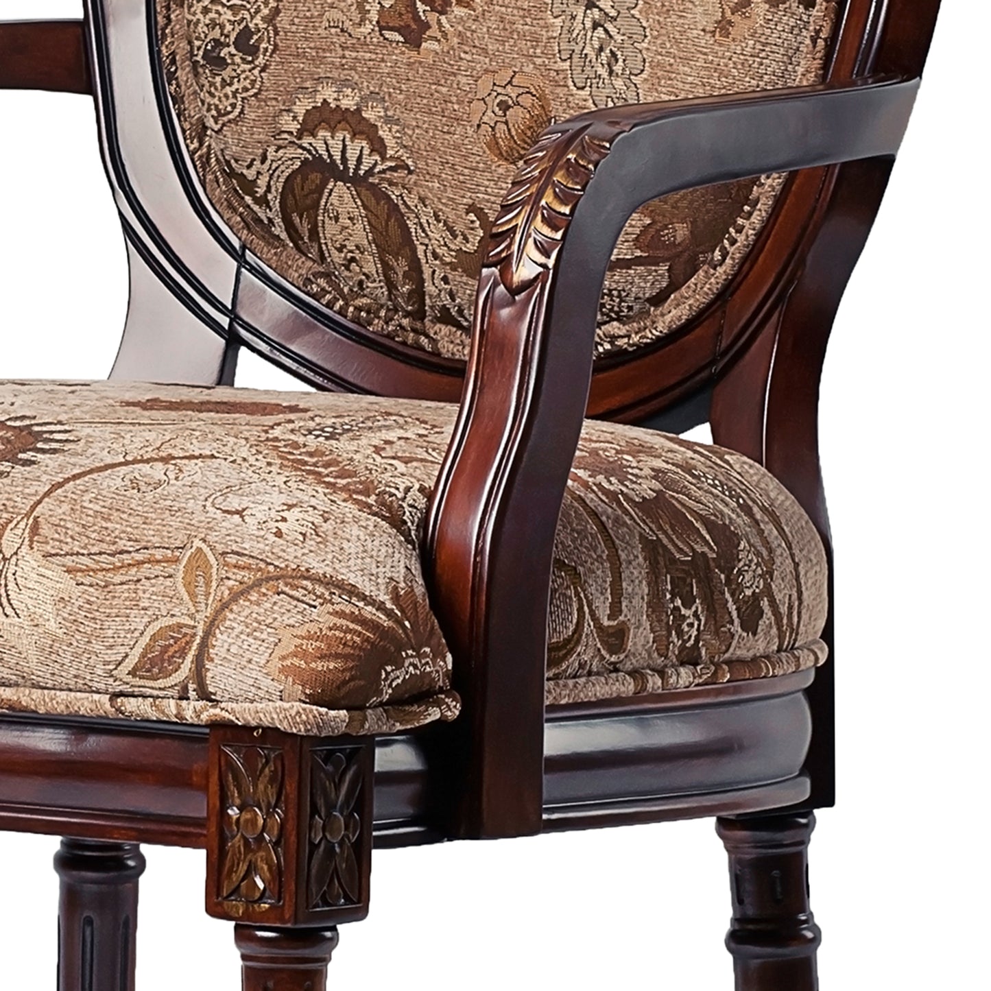 Elegant upholstered armchair with ornate wood carving suitable for classic living rooms