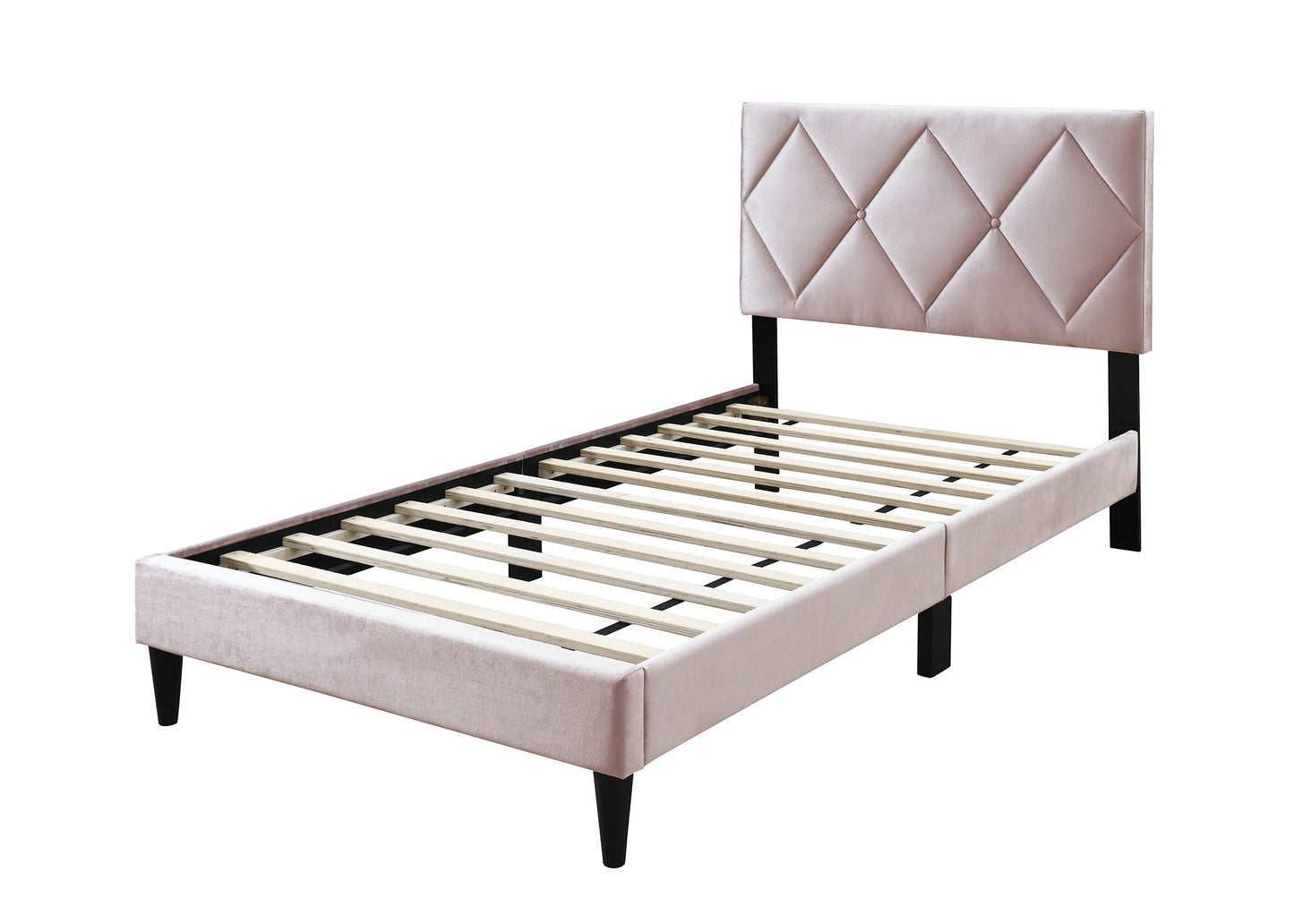 Upholstered twin bed frame in light pink velvet with diamond tufting on headboard