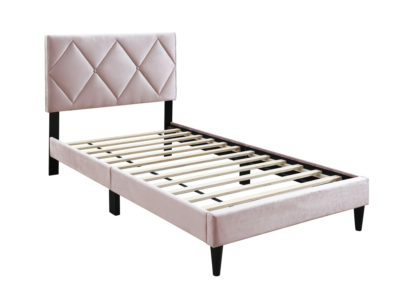 Pink velvet twin bed frame with diamond tufted headboard and wooden slats