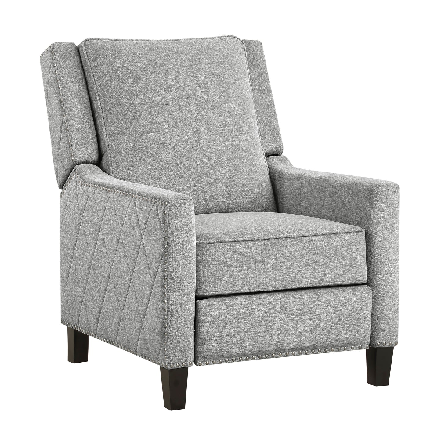 Grey fabric recliner chair with nailhead trim and diamond tufting