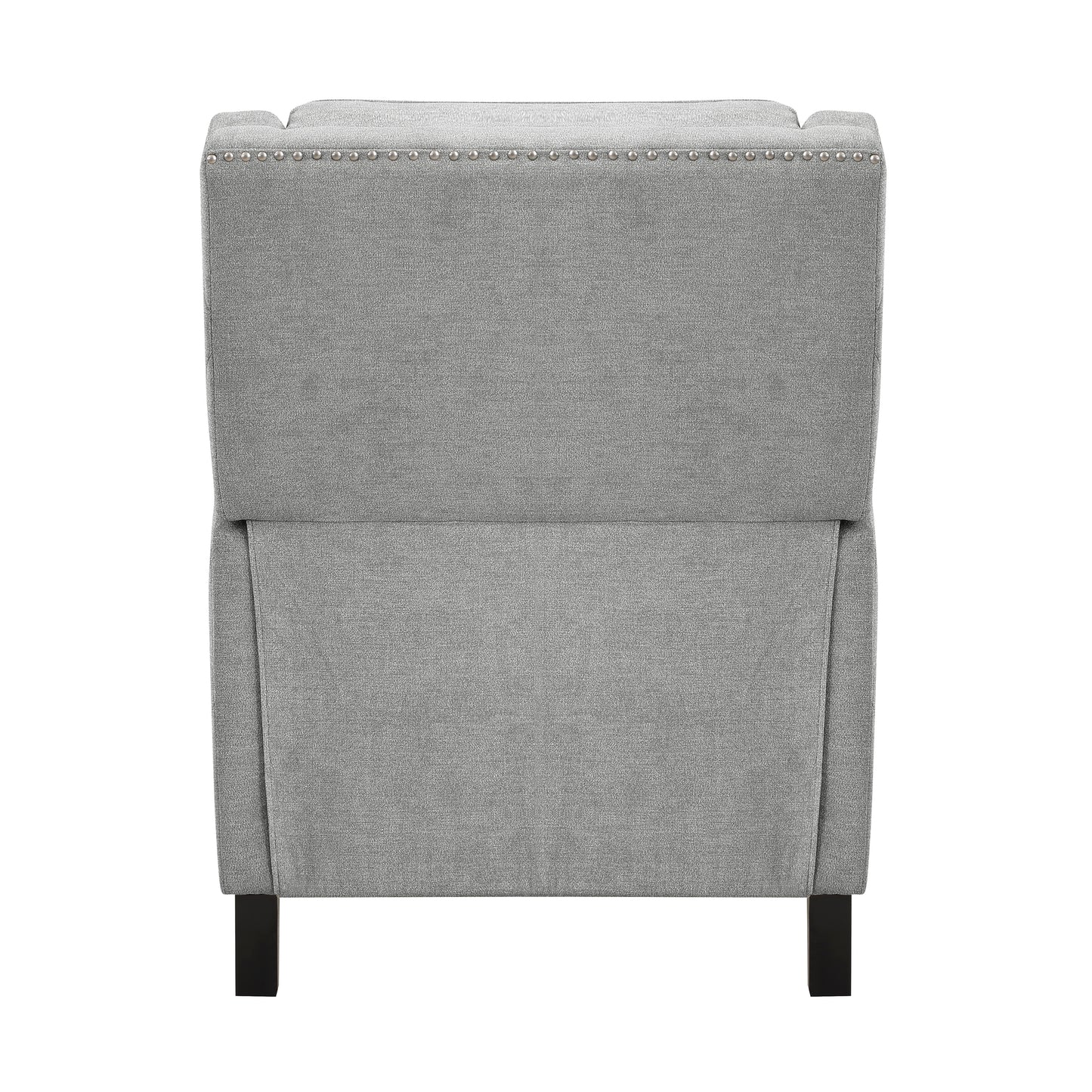 Back view of a gray upholstered accent chair with silver nailhead trim and black wooden legs