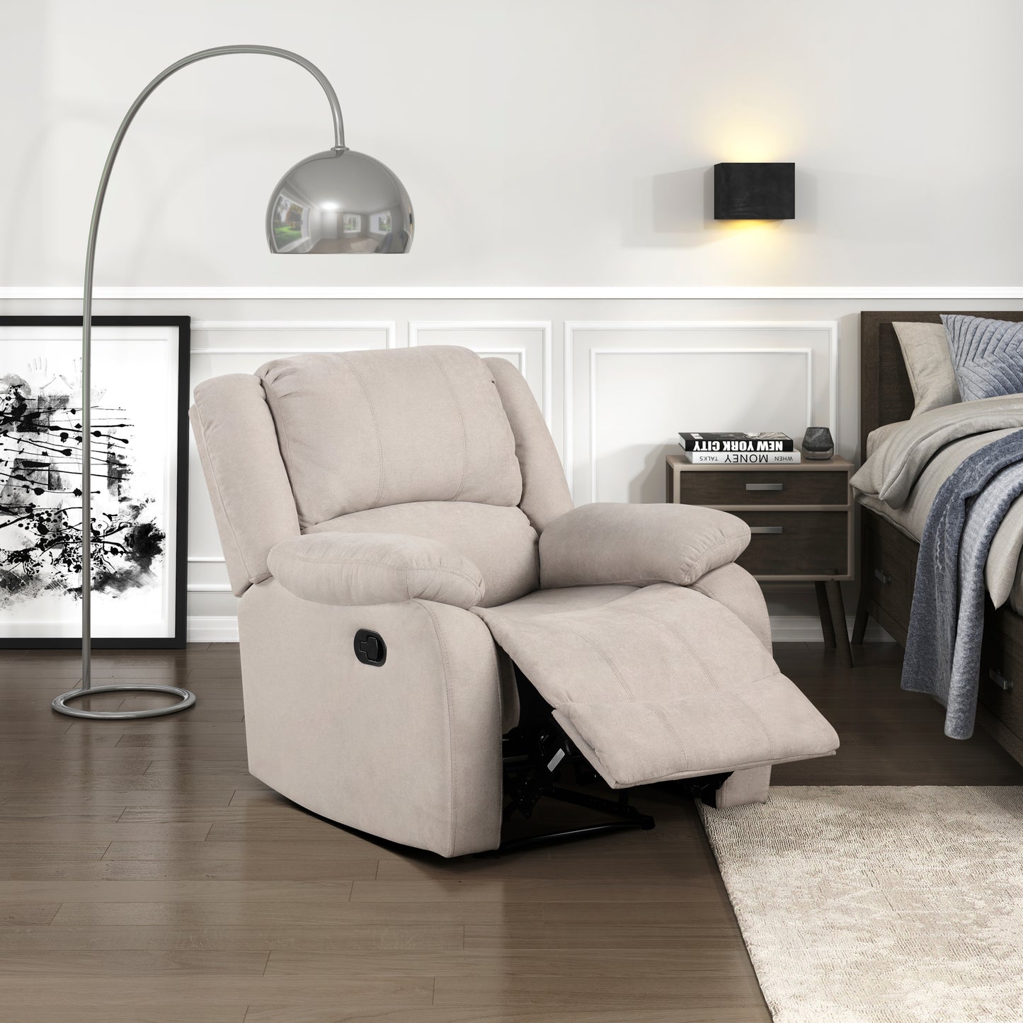 Comfortable beige fabric recliner with a lever for reclining perfect for living room relaxation