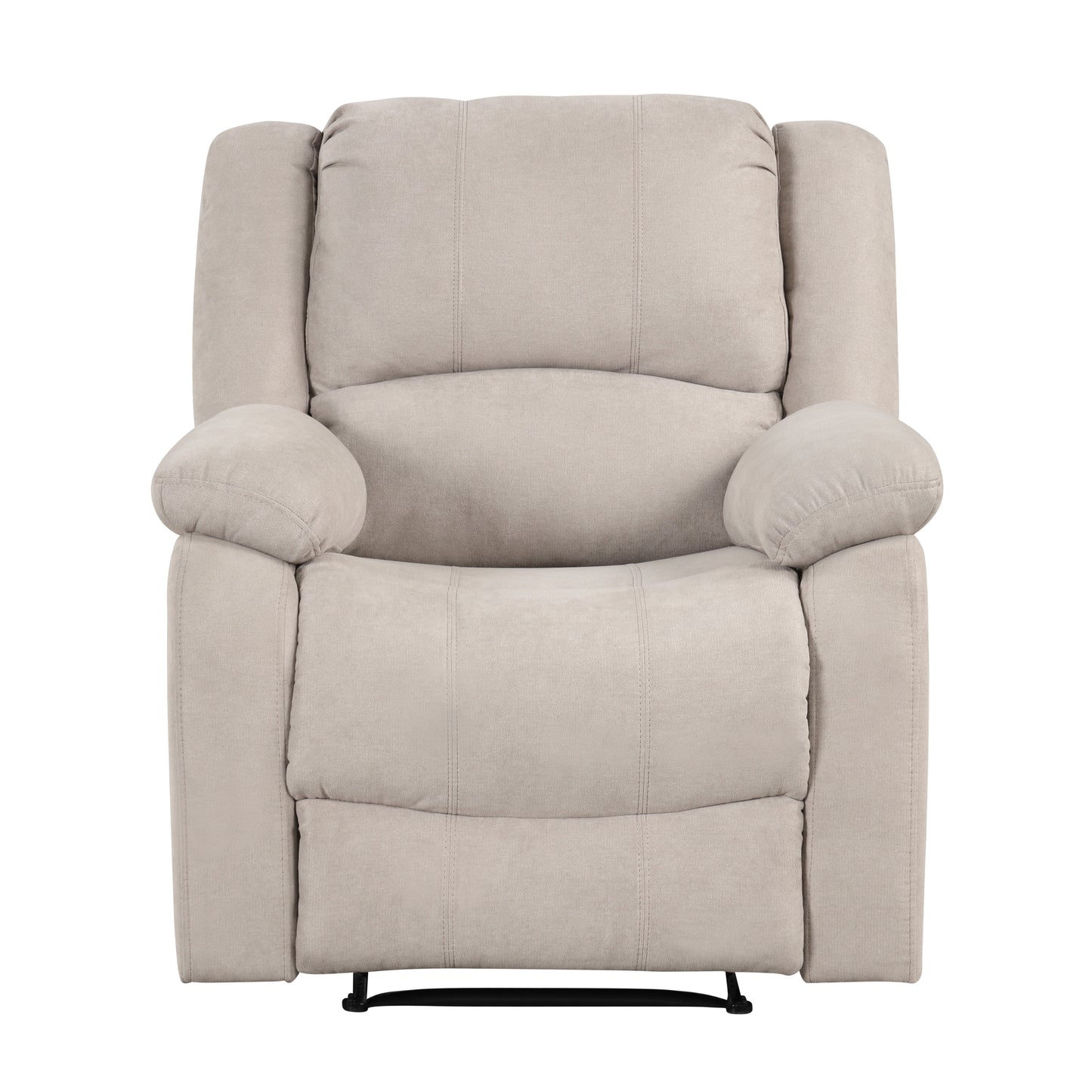 Comfortable beige fabric recliner chair with plush cushioning and padded arms for relaxation