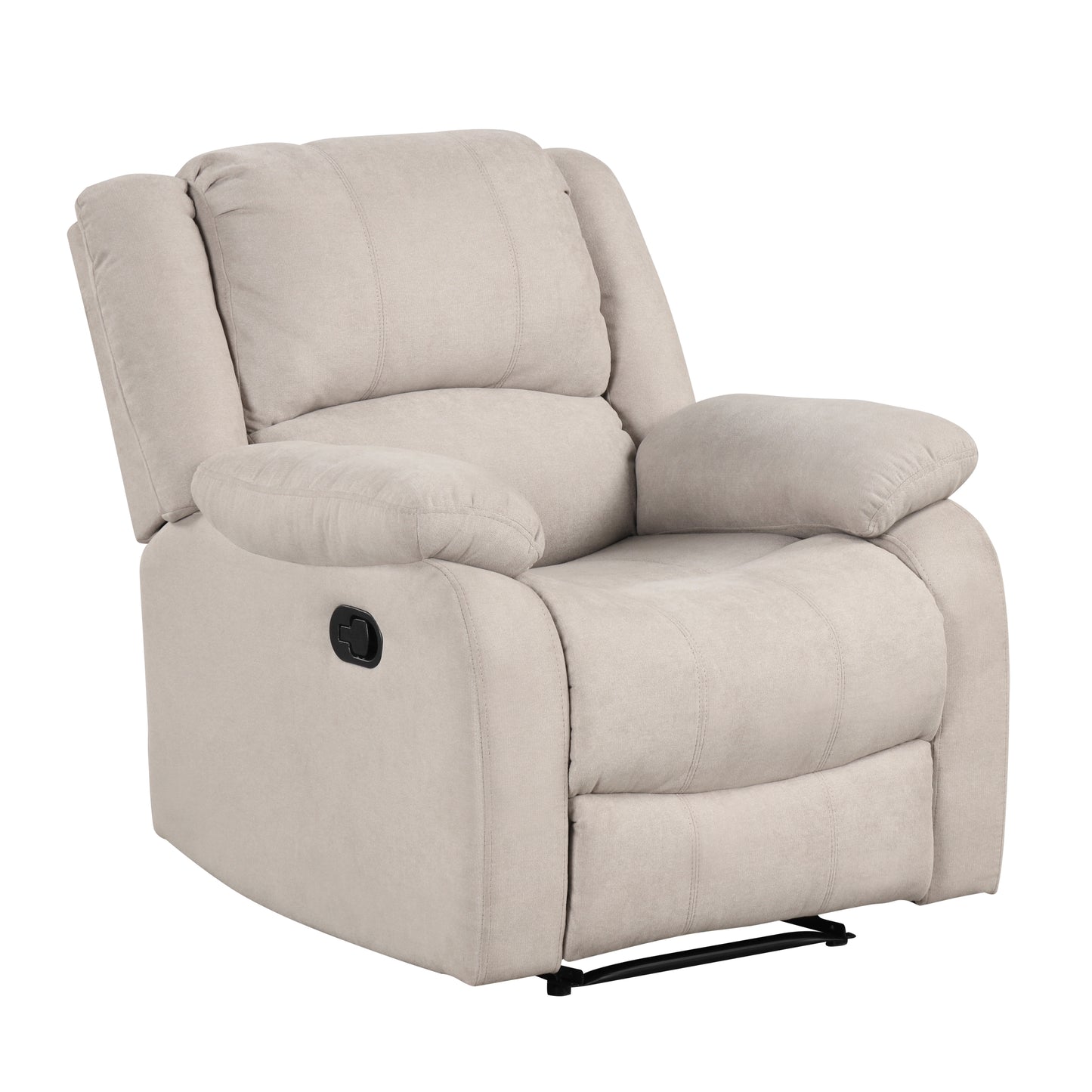 Comfortable beige fabric recliner with plush cushioning and side lever for easy adjustment