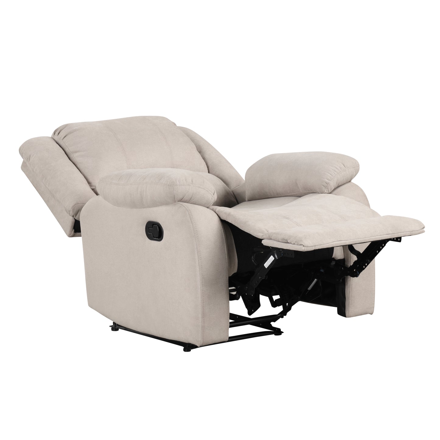Beige fabric recliner chair with extended footrest and reclined back for ultimate comfort