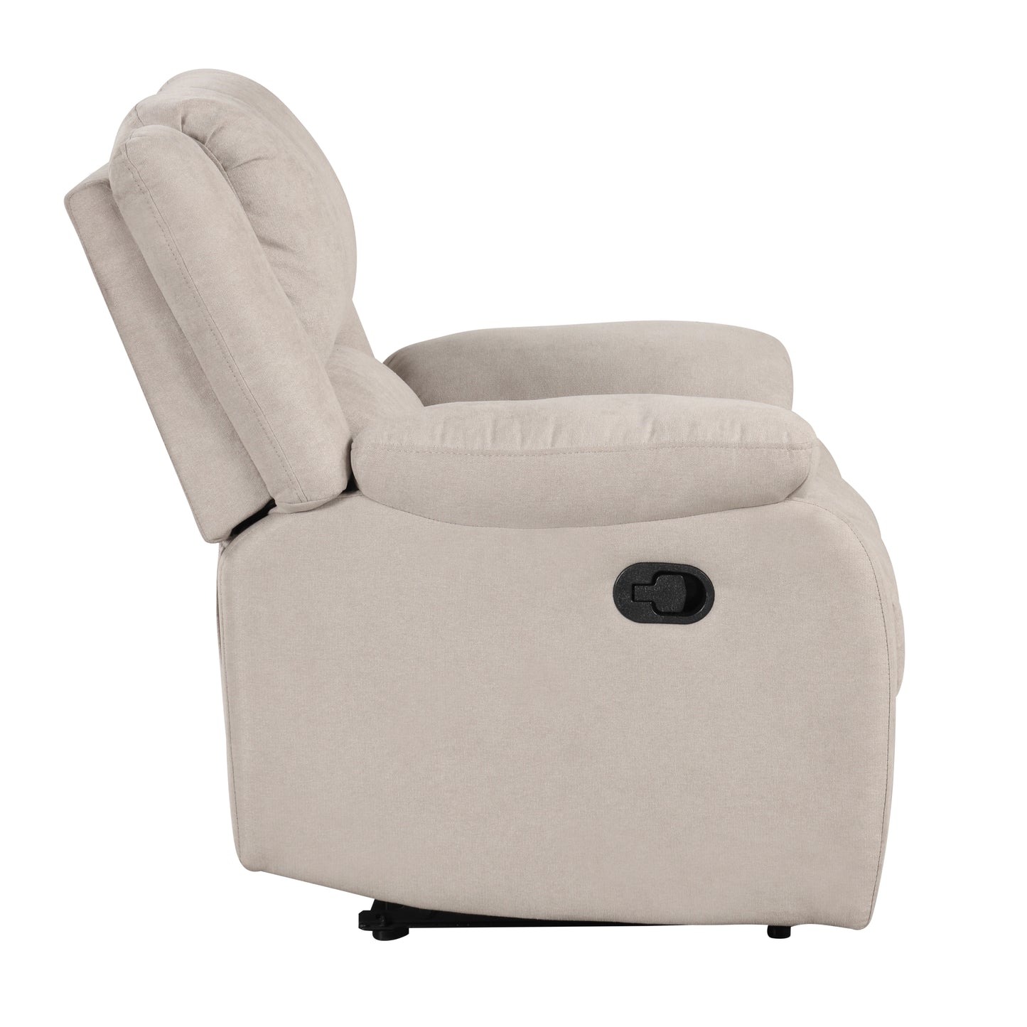 Beige fabric recliner chair with padded armrests and lever for reclining
