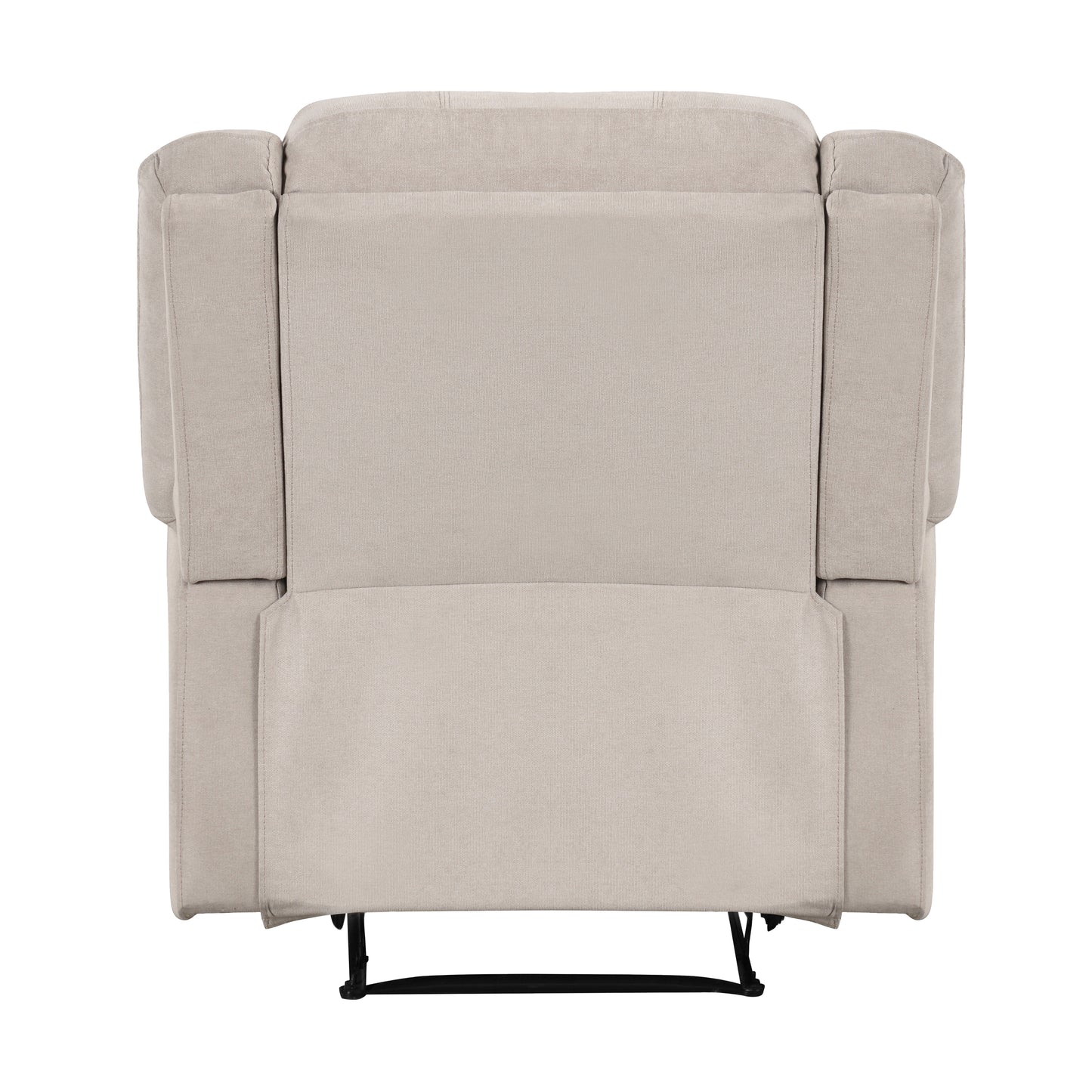 Back view of a beige fabric recliner chair with plush cushioning and metal base