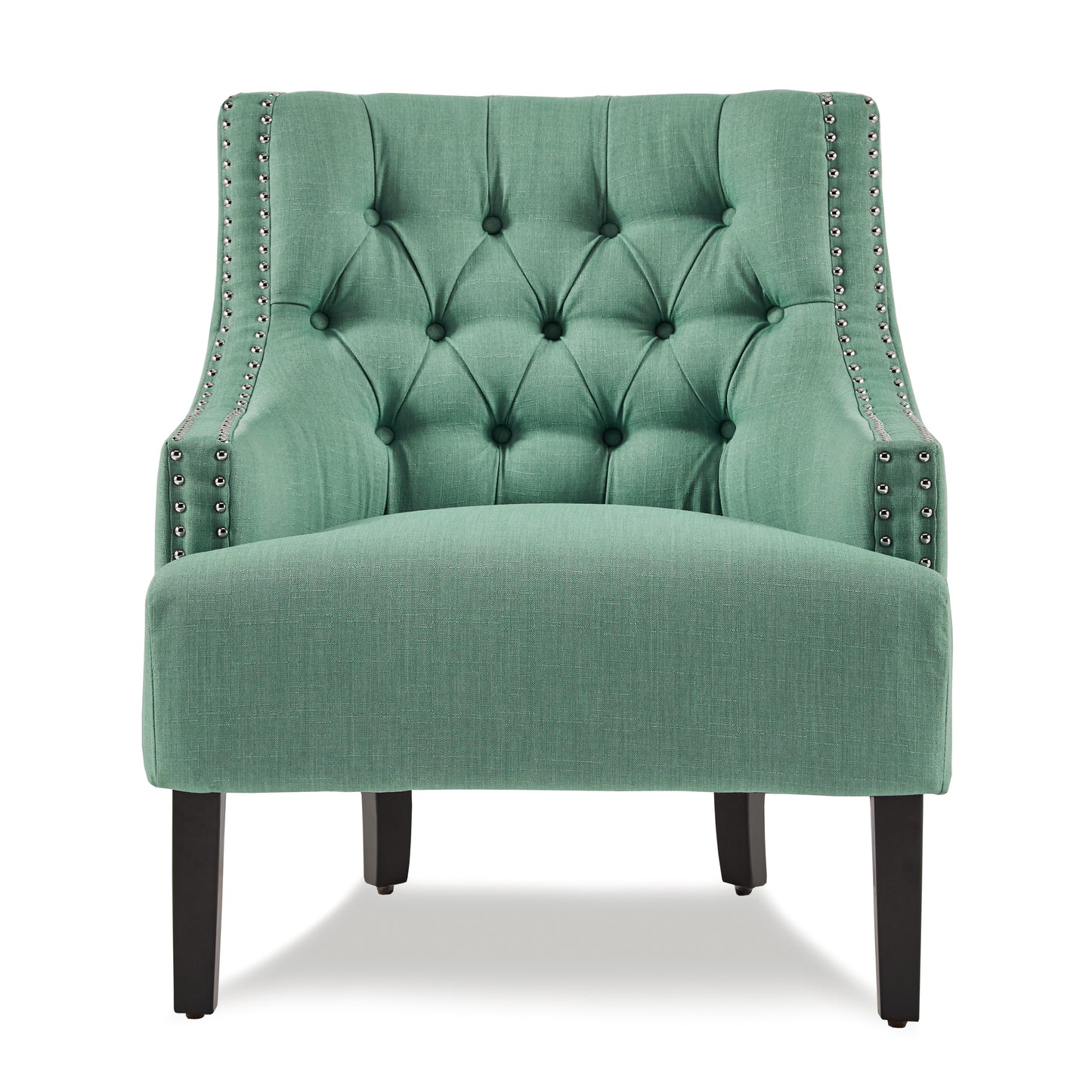 Tufted seafoam green accent chair with silver nailhead trim and dark wood legs