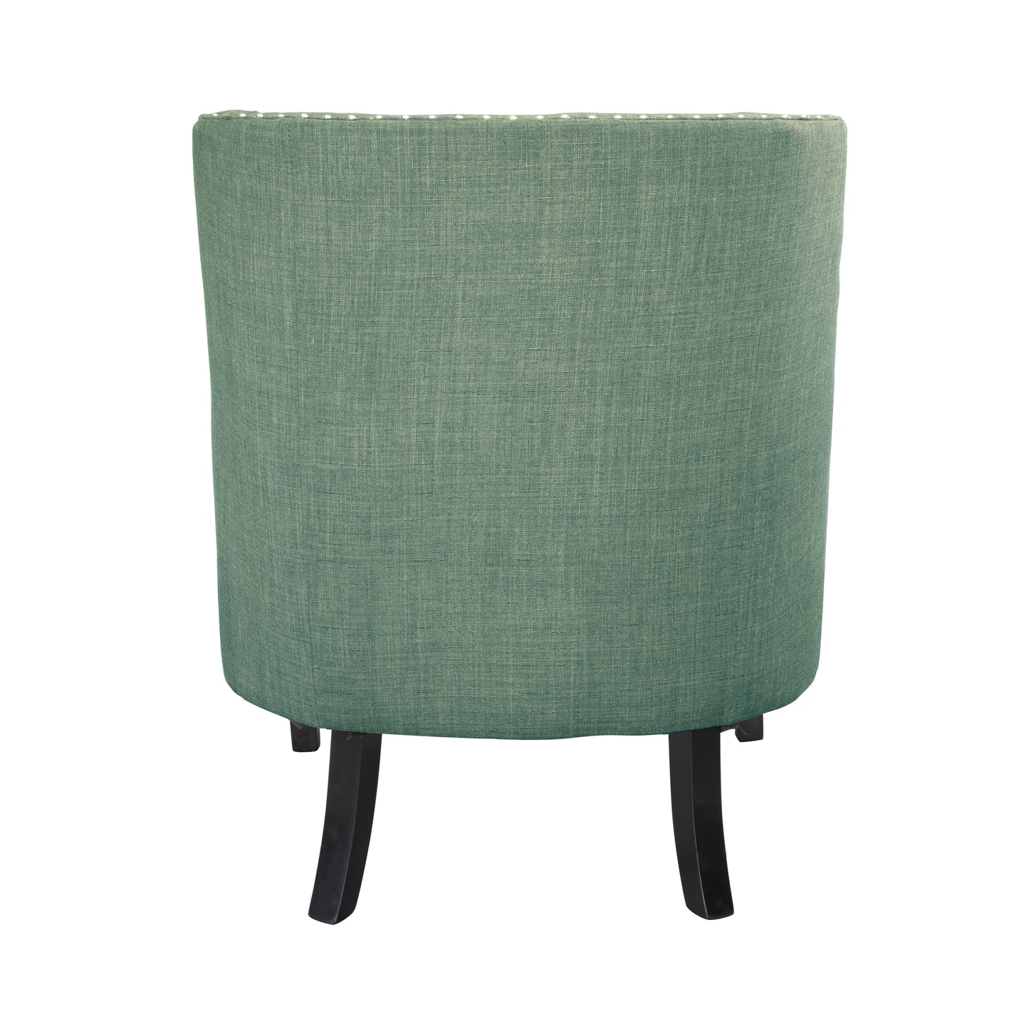 Back view of a tufted sage green accent chair with dark wooden legs