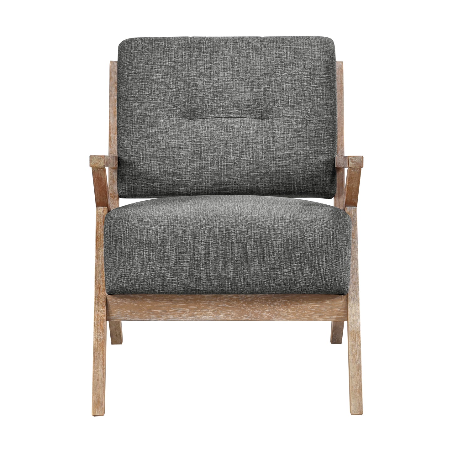 Grey fabric accent chair with tufted back and light wood frame