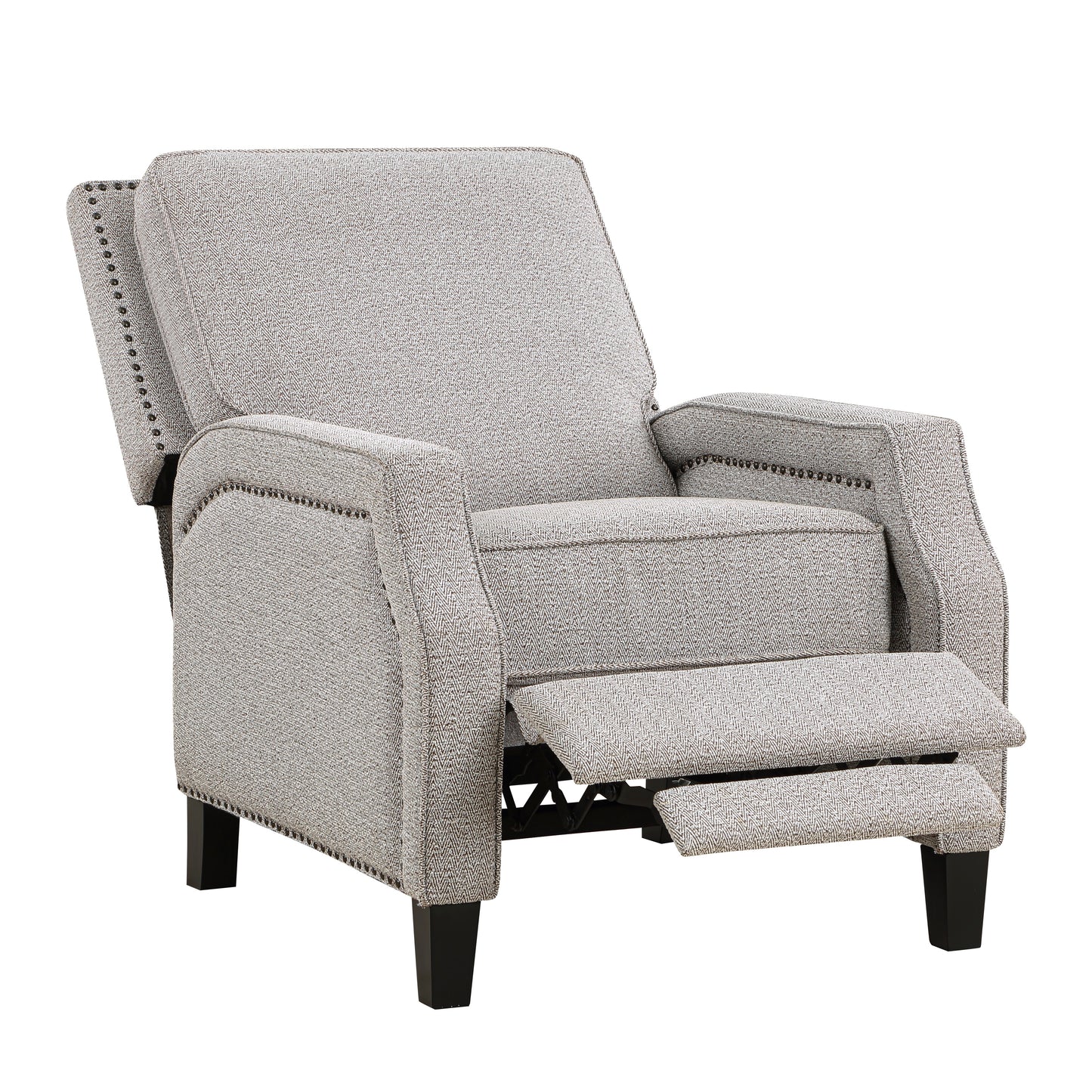 Light gray recliner chair with studded arms and wooden legs