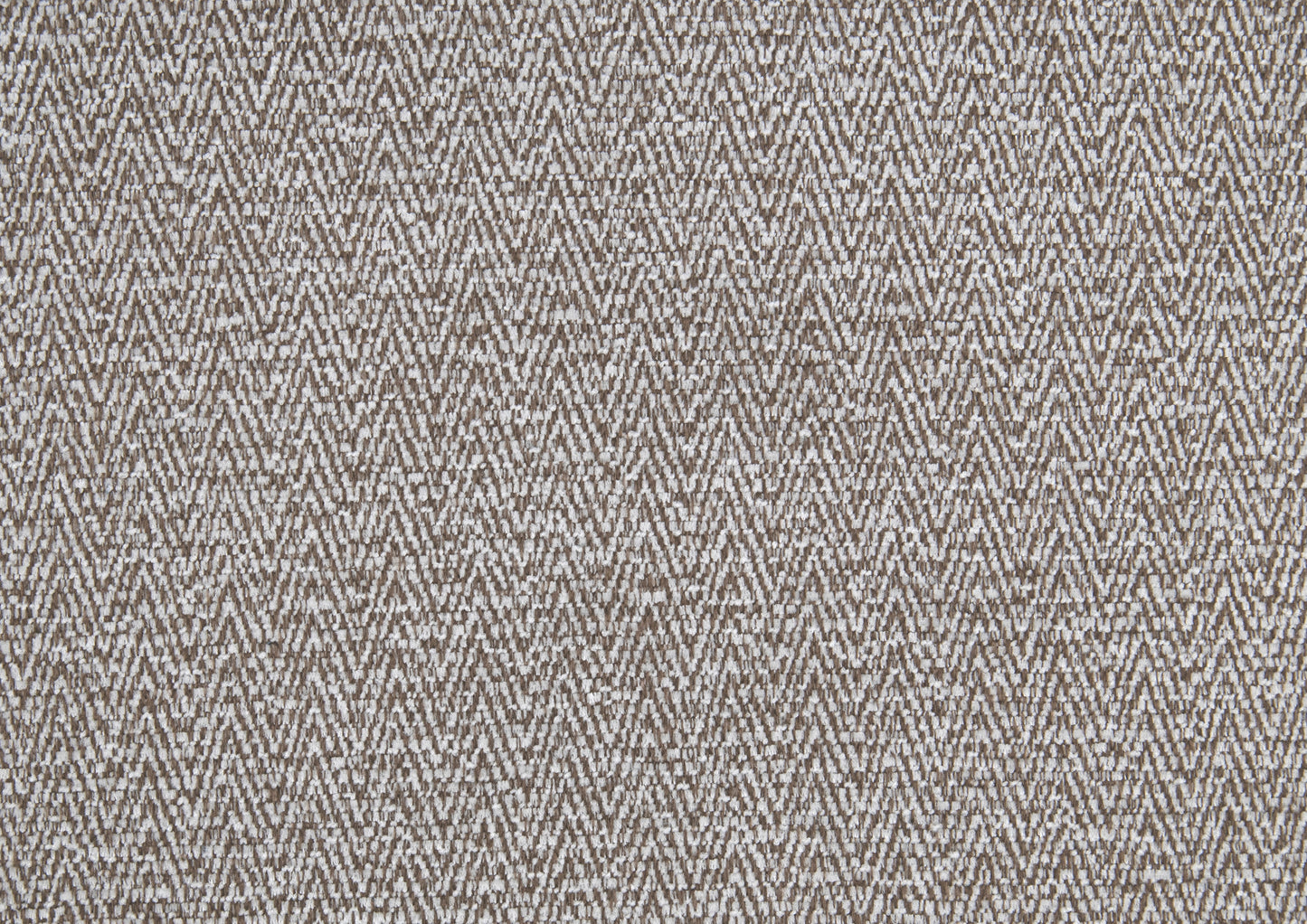 Brown and white chevron weave upholstery fabric with textured surface