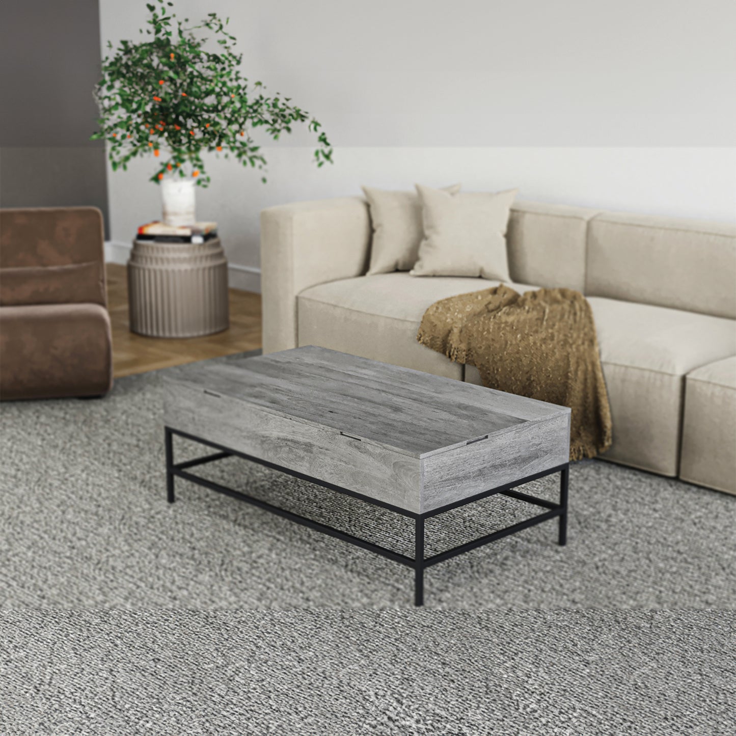 Gray wood lifttop coffee table with black metal frame modern design