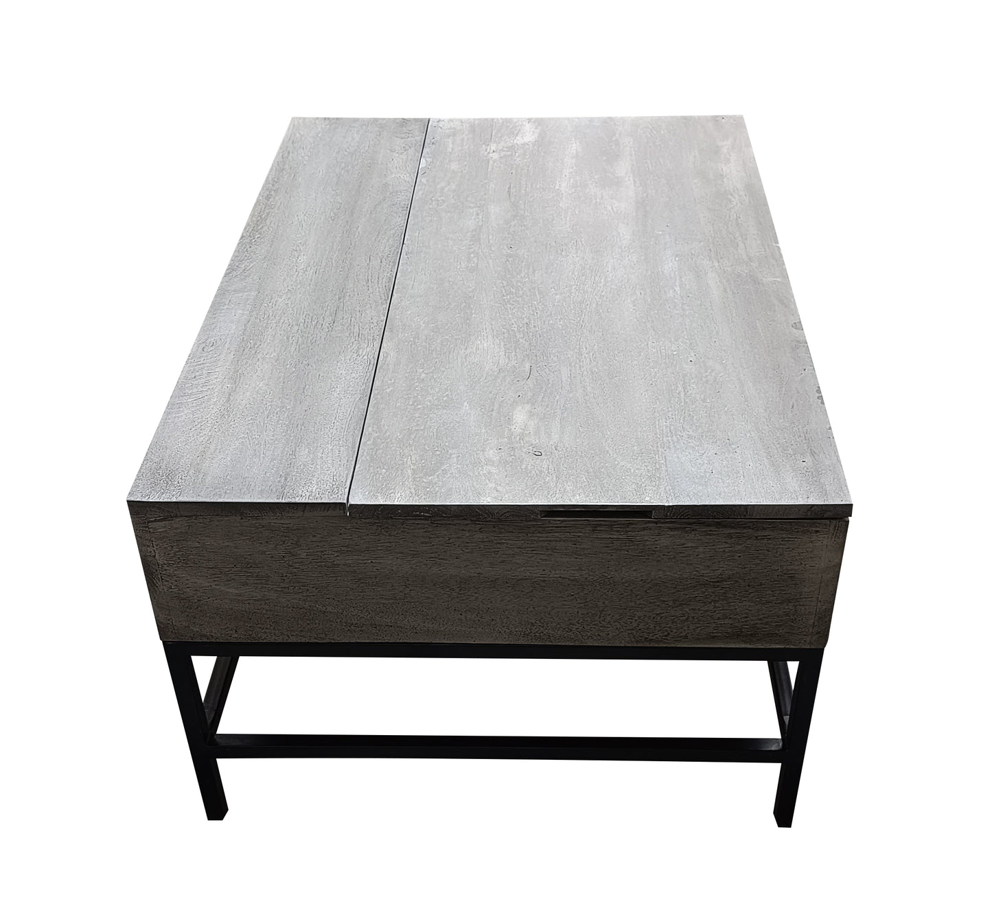 Rustic grey wood lifttop coffee table with black metal legs