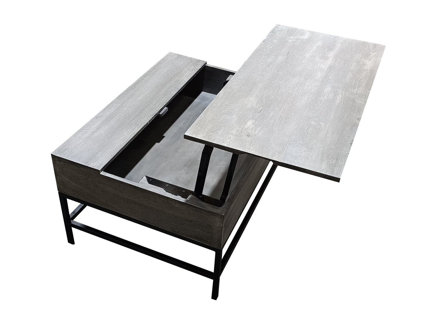 Gray lifttop coffee table with dark wood finish and modern metal legs